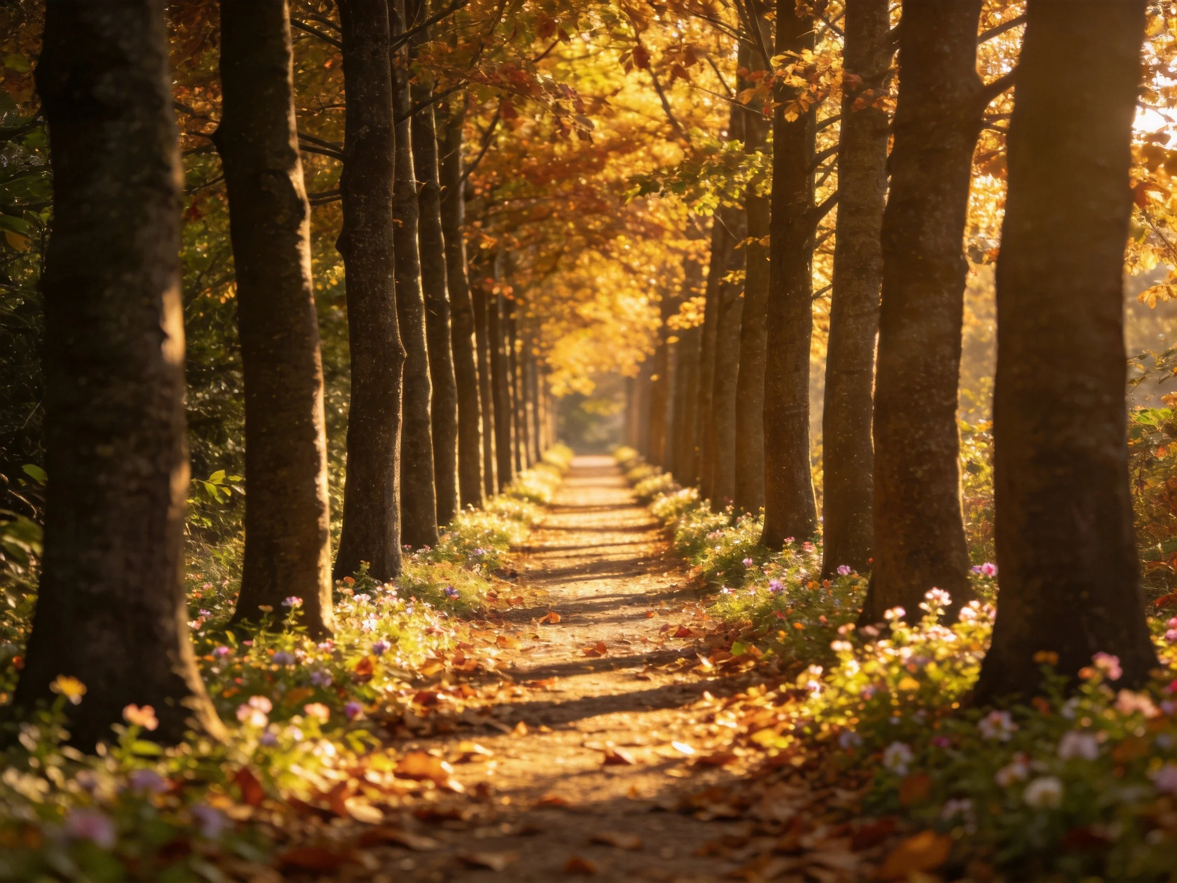 A sunlit tree-lined path with autumn foliage and flowers
