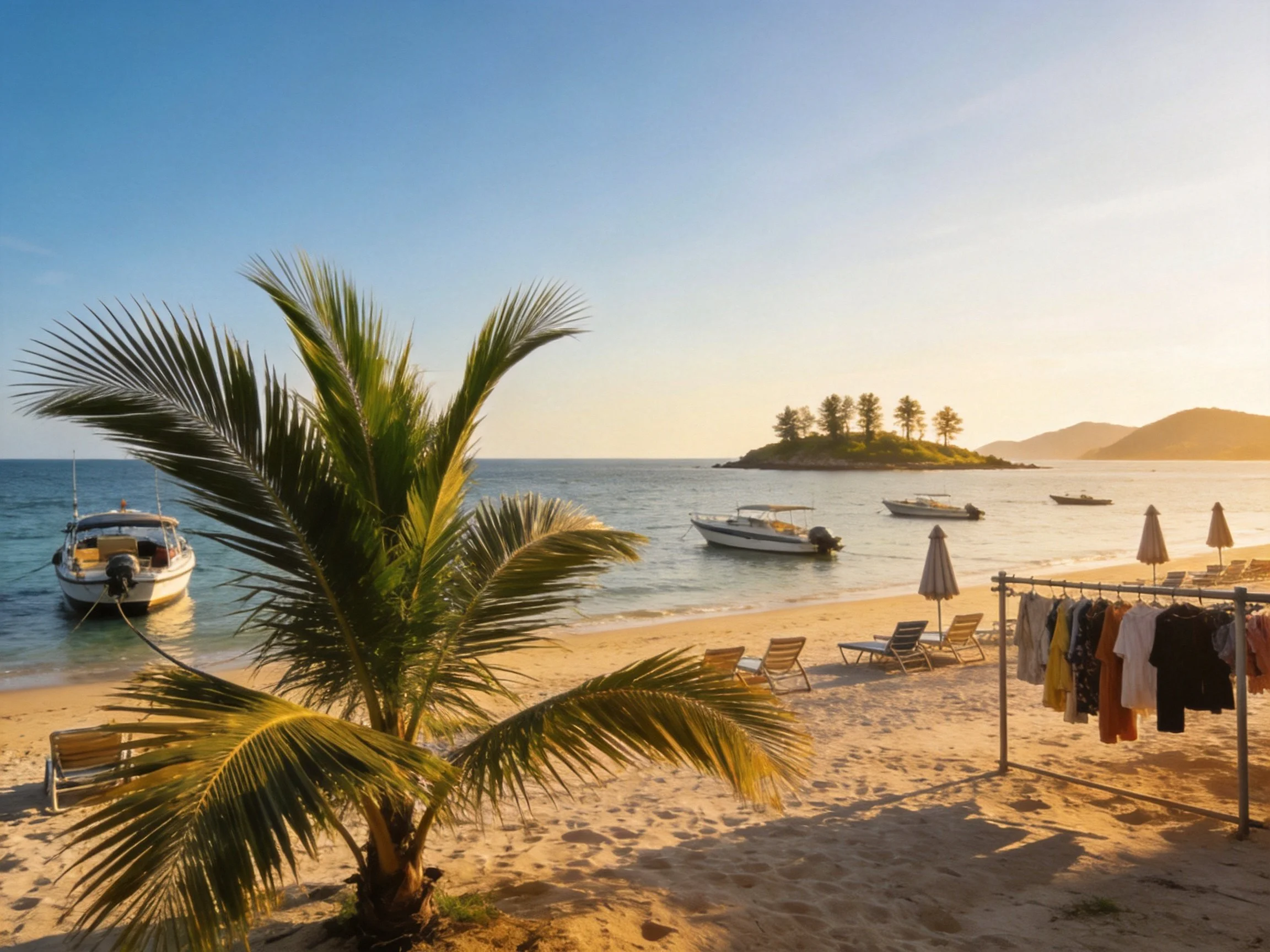 A sunny beach with palm trees, boats, and sandy shore