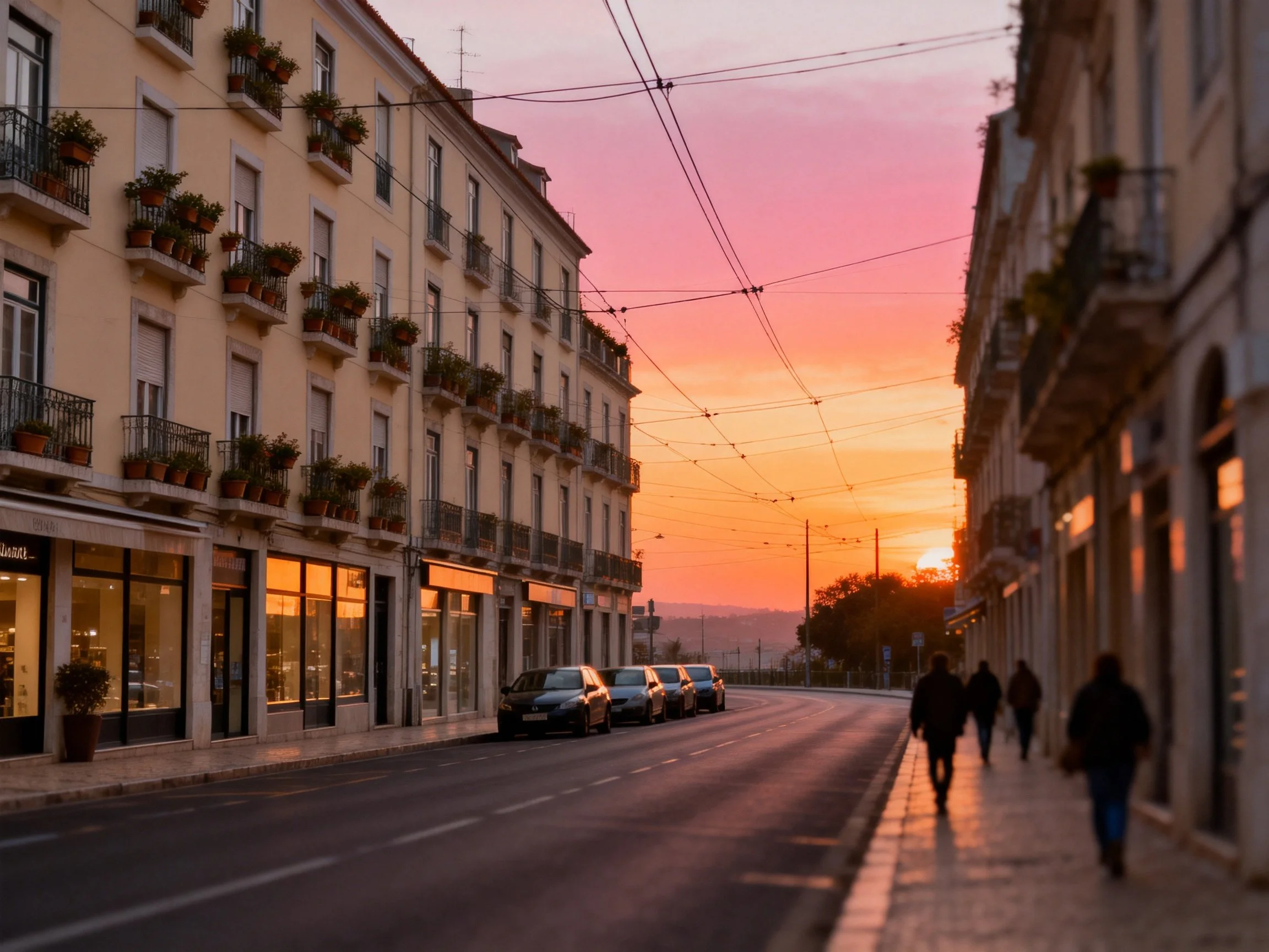 A sunset - lit city street features pastel buildings, parked cars, and pedestrians