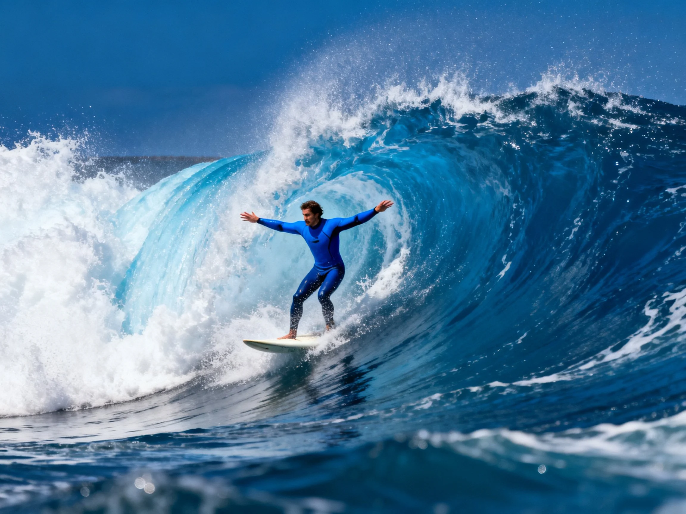 A surfer in a blue wetsuit rides a towering turquoise ocean wave
