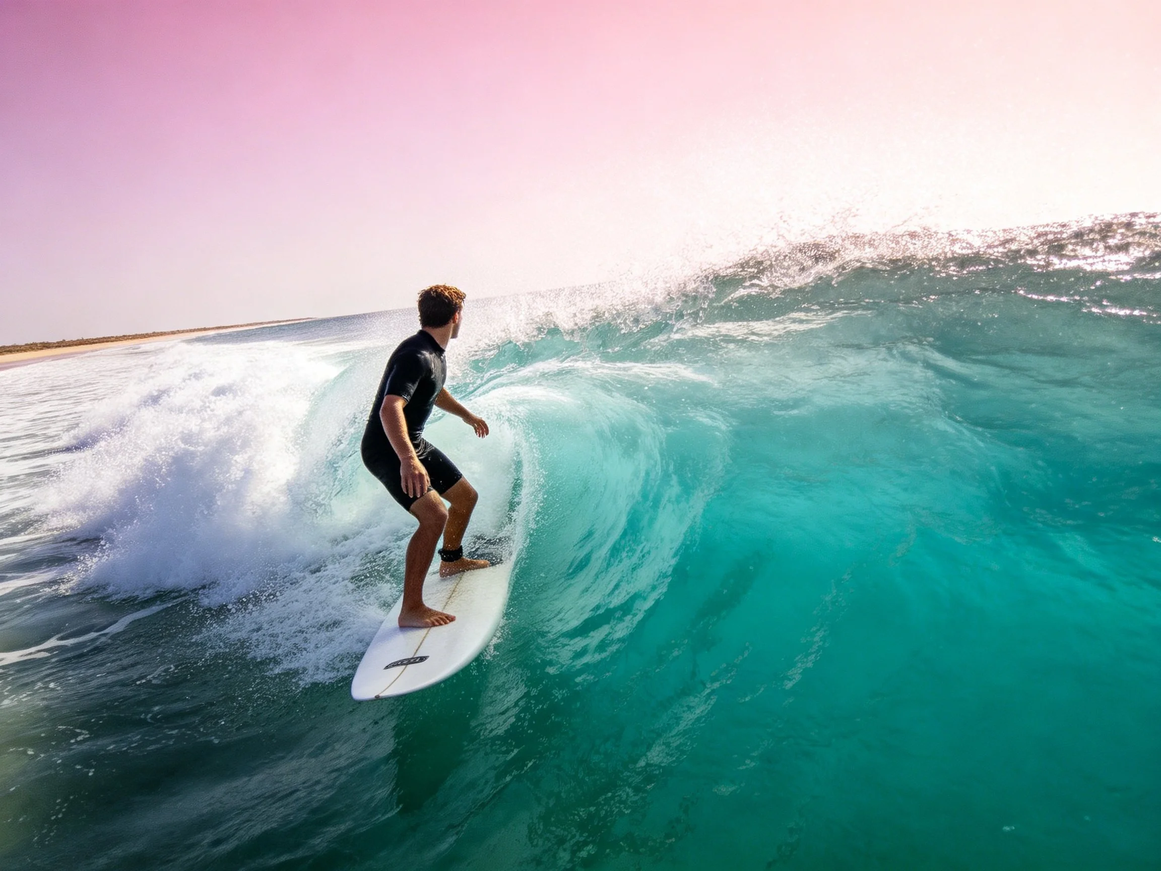 A surfer rides a turquoise wave beneath a pink sky