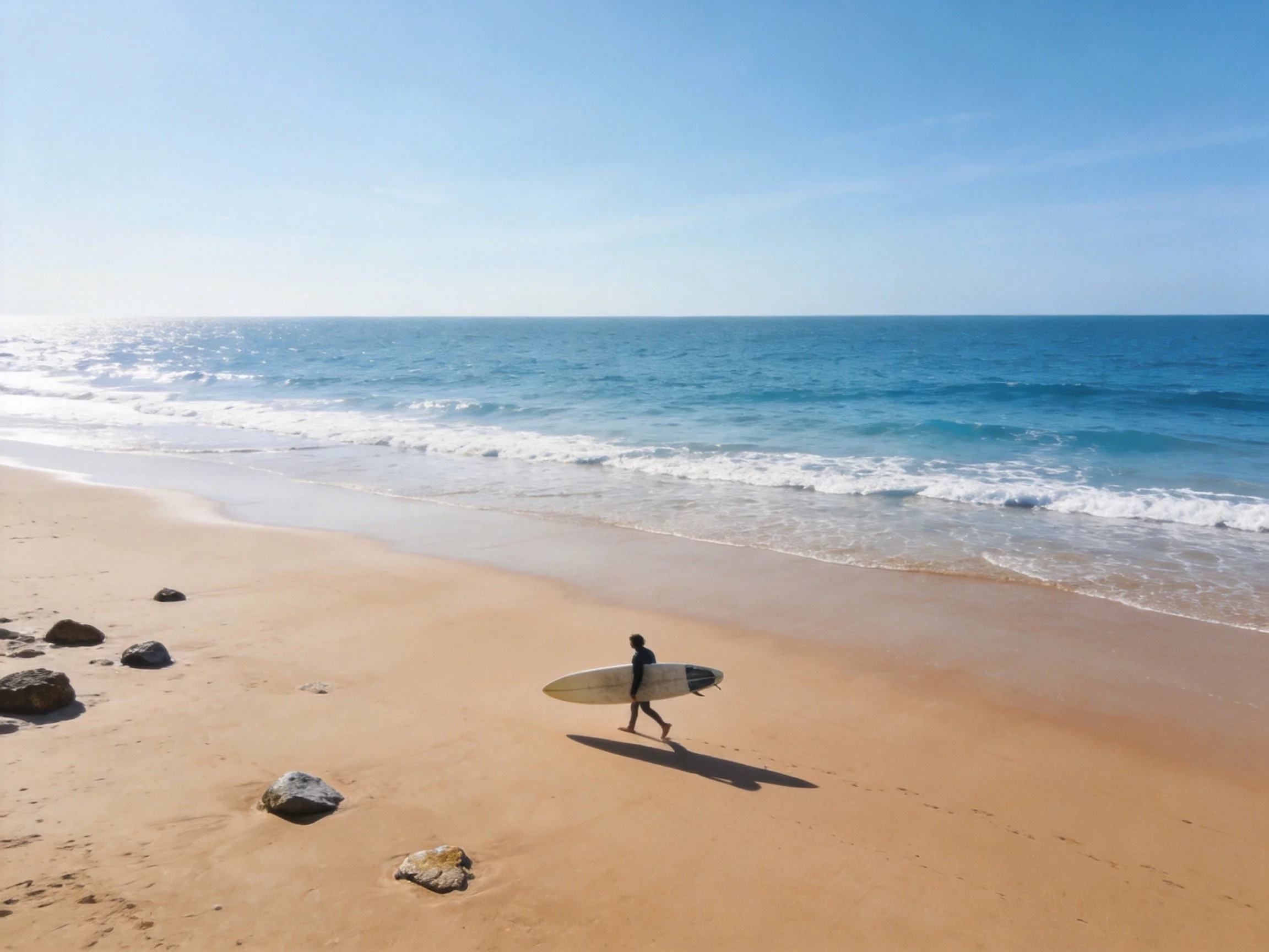 A surfer walks along a sandy shore with turquoise waters