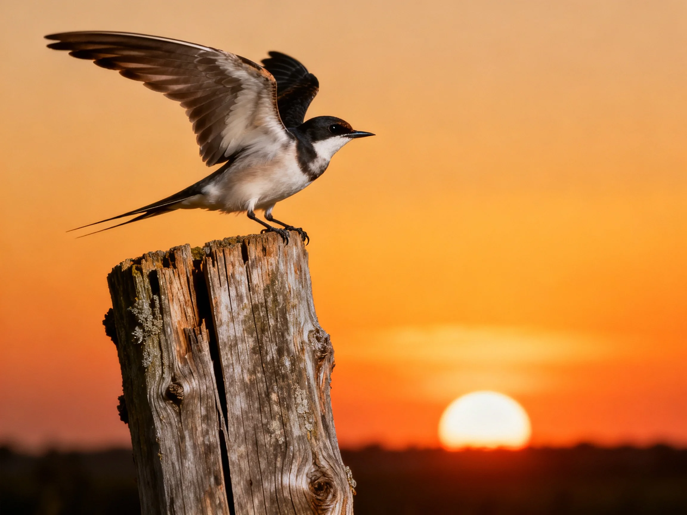 A swallow spreads wings atop a weathered wooden post during an orange sunset