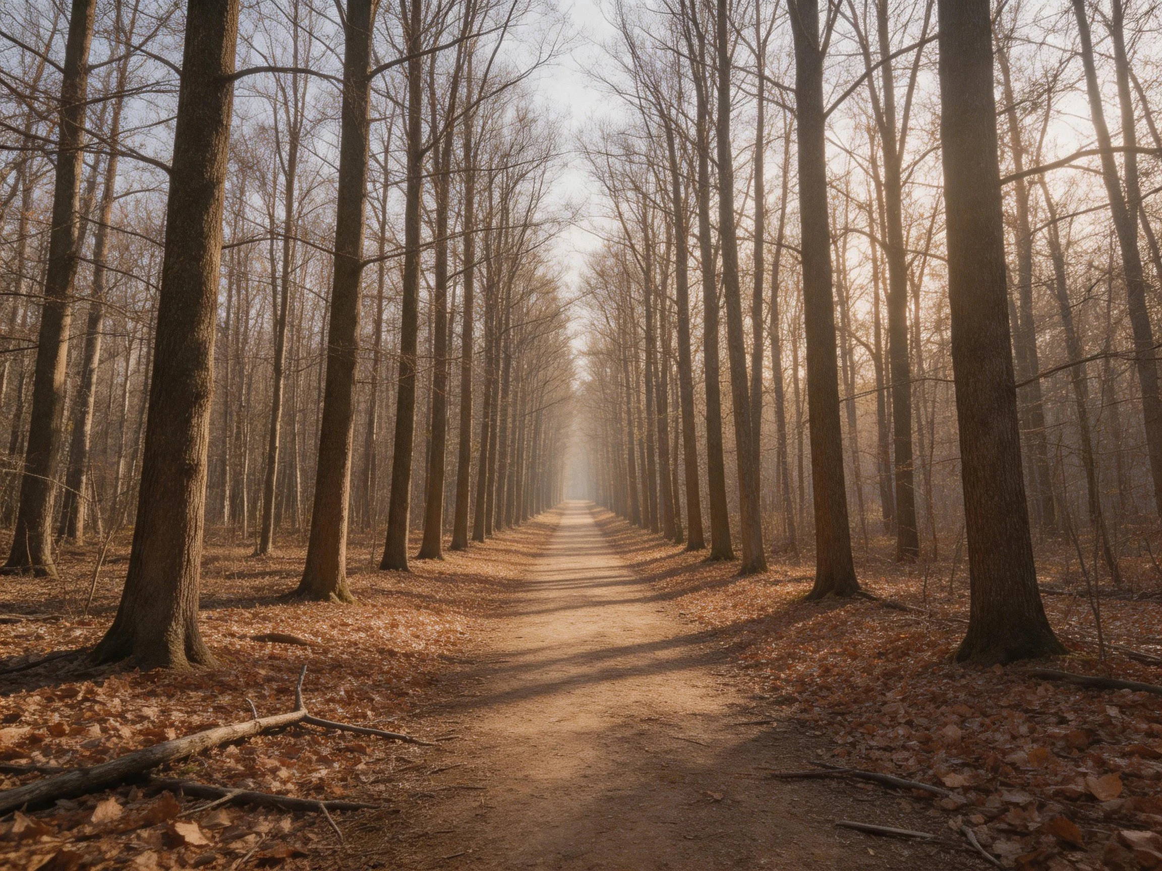 A symmetrical dirt path runs between tall leafless trees in a misty forest