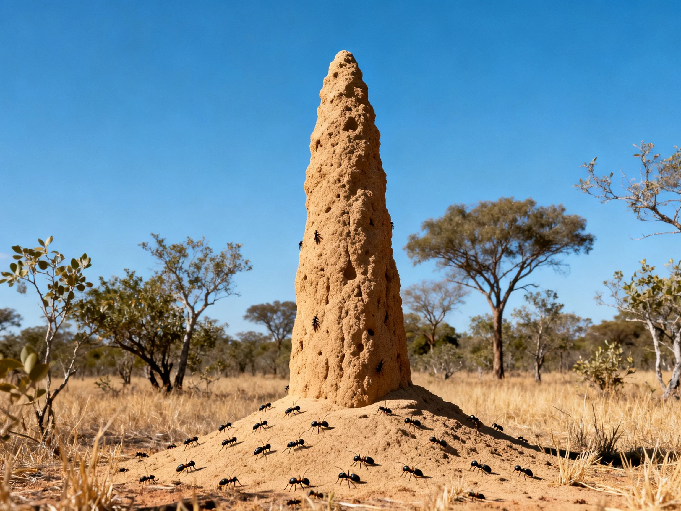 A tall brown termite mound with black ants in dry savanna