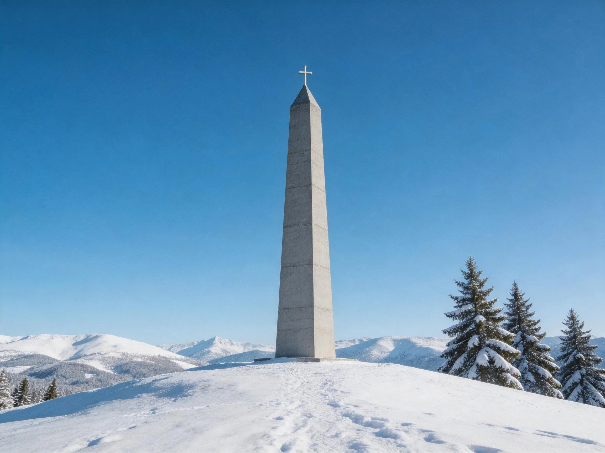 A tall concrete monument with a cross, set amid snowy mountains and trees