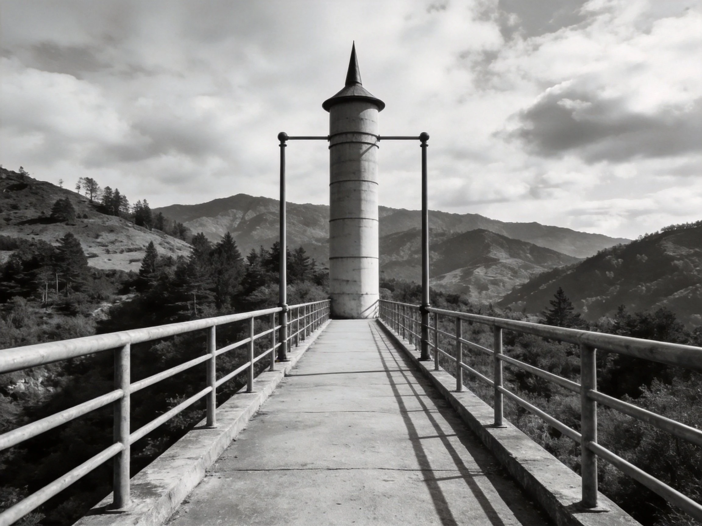 A tall cylindrical tower atop a bridge with mountainous backdrop