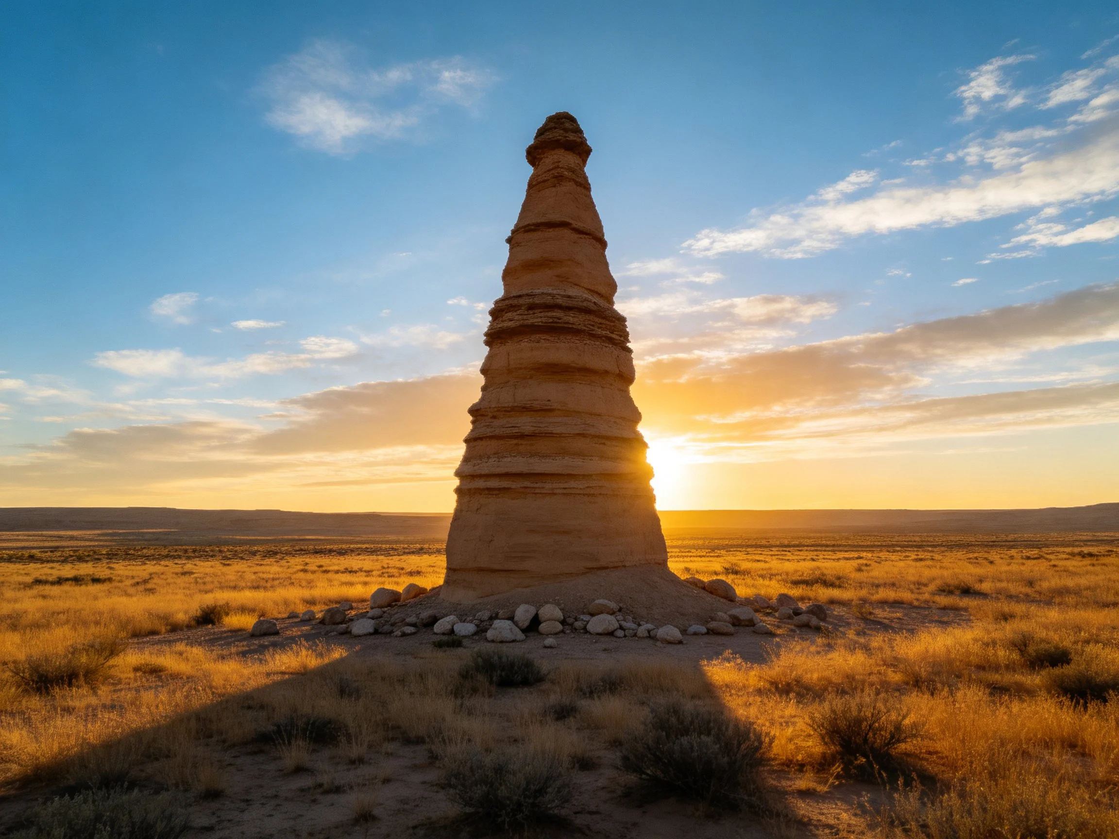A tall, layered sandstone structure in vast golden desert at sunset
