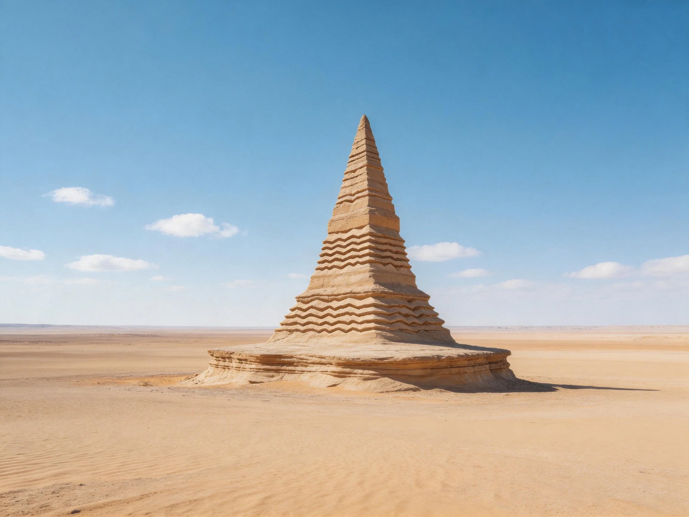 A tall, layered sandy monument stands alone in an endless desert landscape