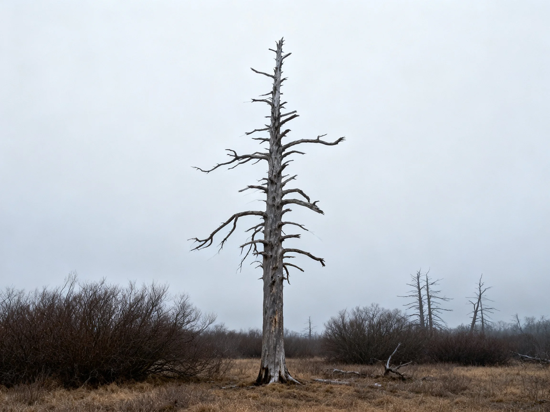 A tall leafless tree stands among dry shrubs in a desolate landscape
