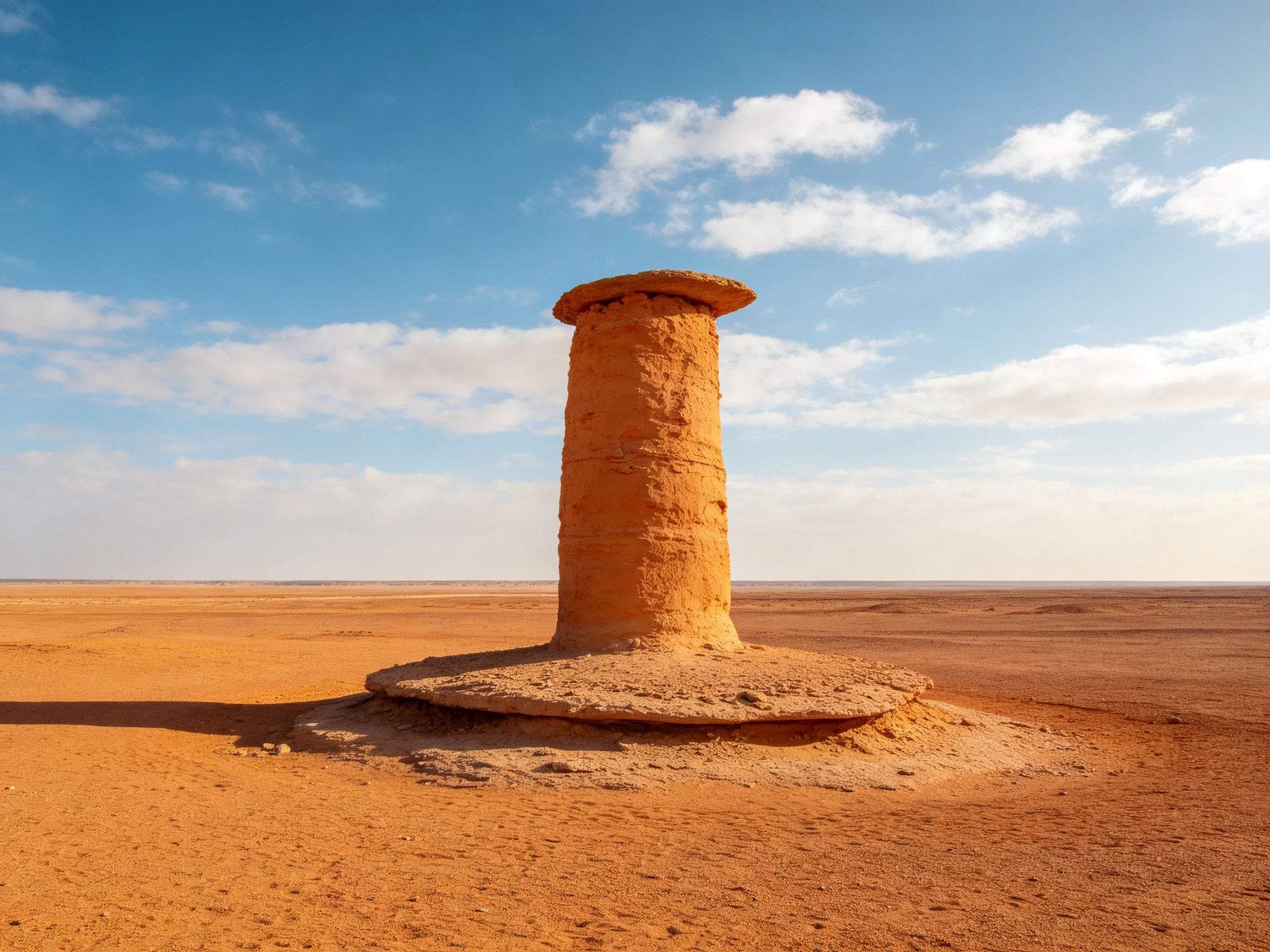 A tall, orange stone tower stands alone in vast sandy desert