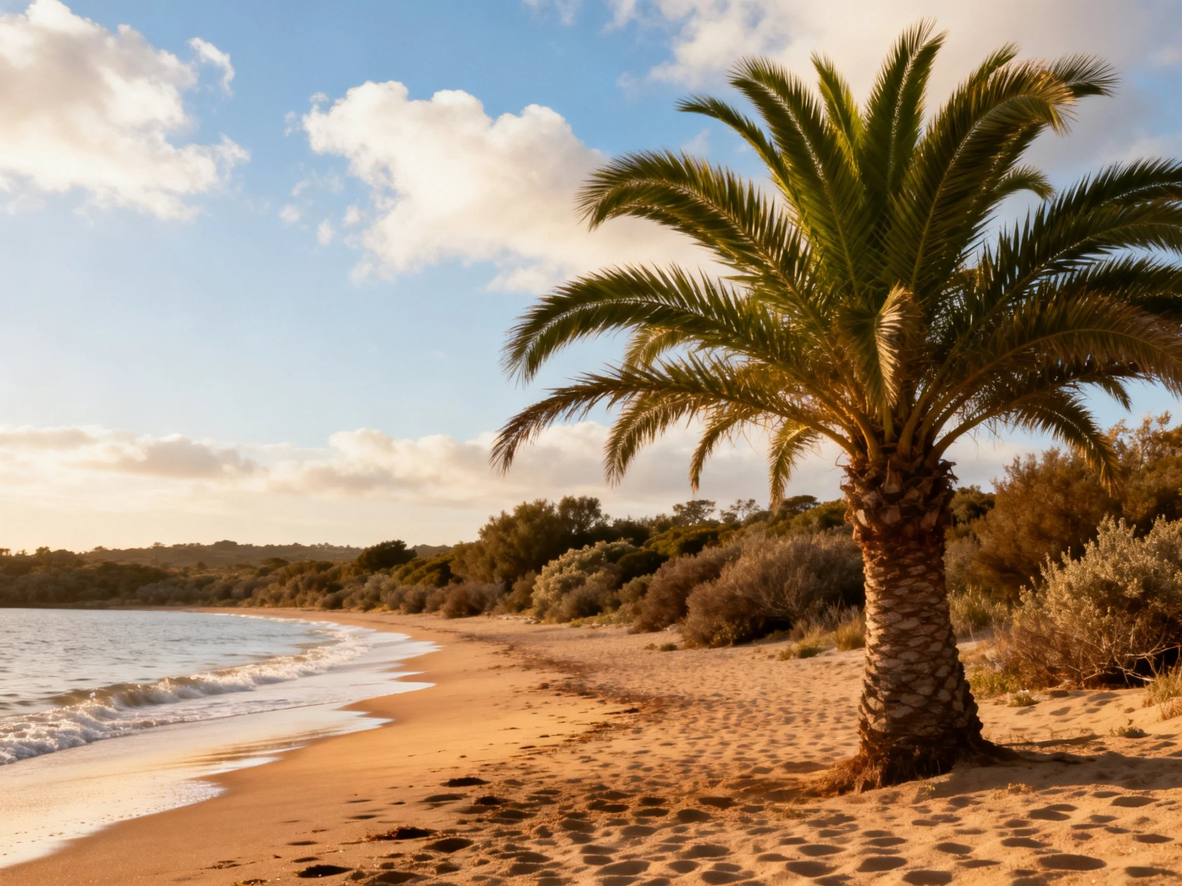 A tall palm tree on golden sandy shore beside calm blue waters