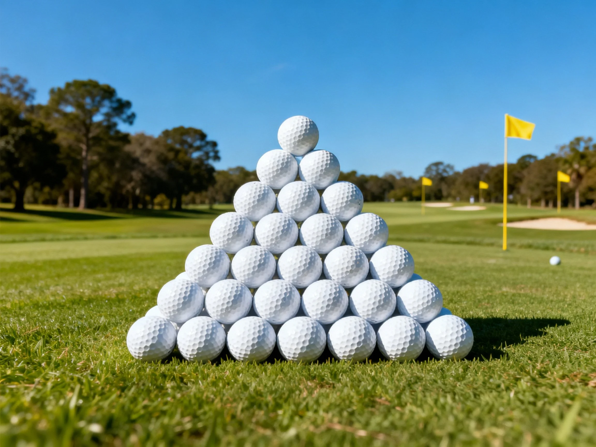 A tall pyramid of white golf balls on a sunny golf course