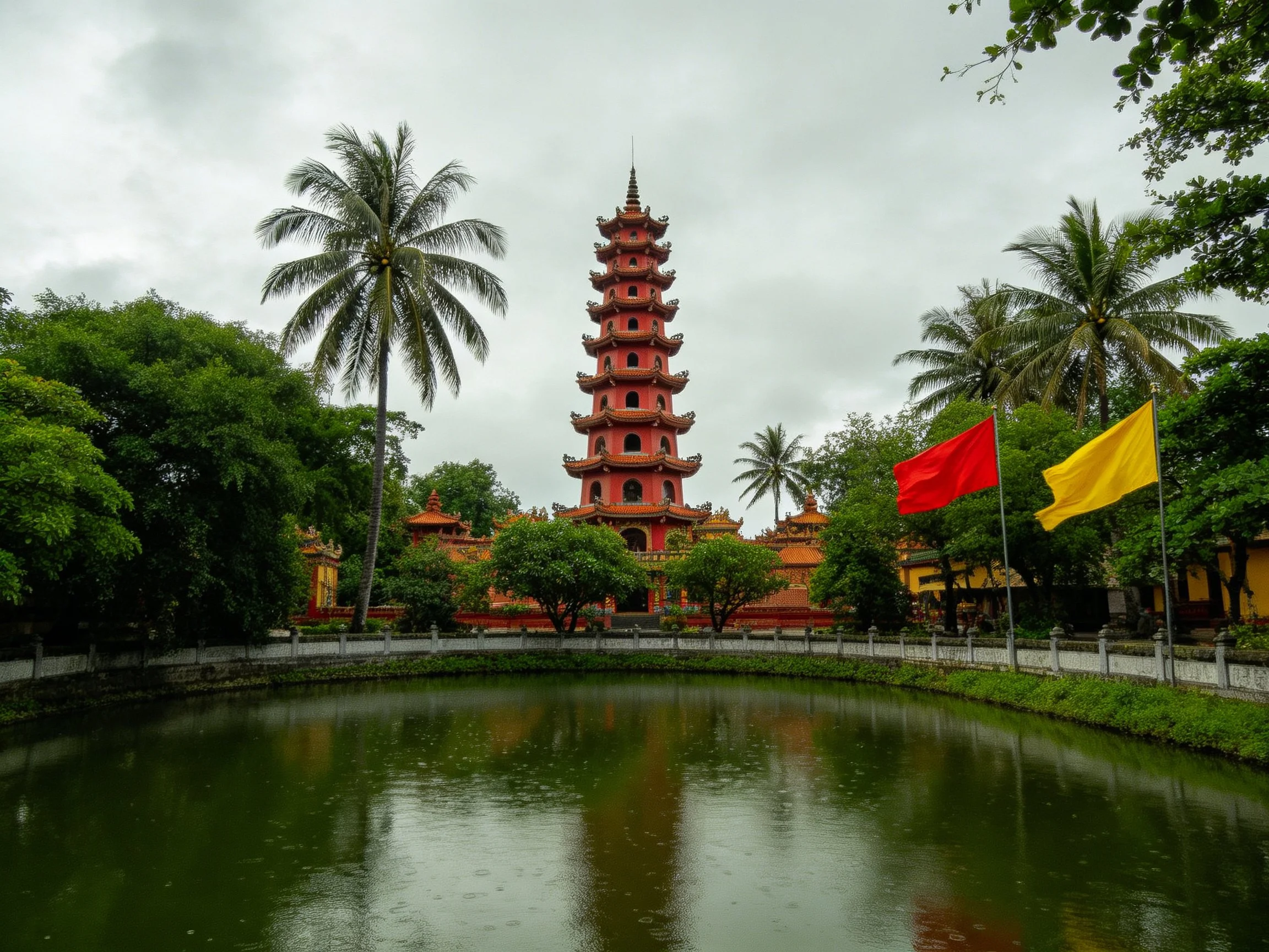 A tall red pagoda tower beside a calm pond with tropical trees