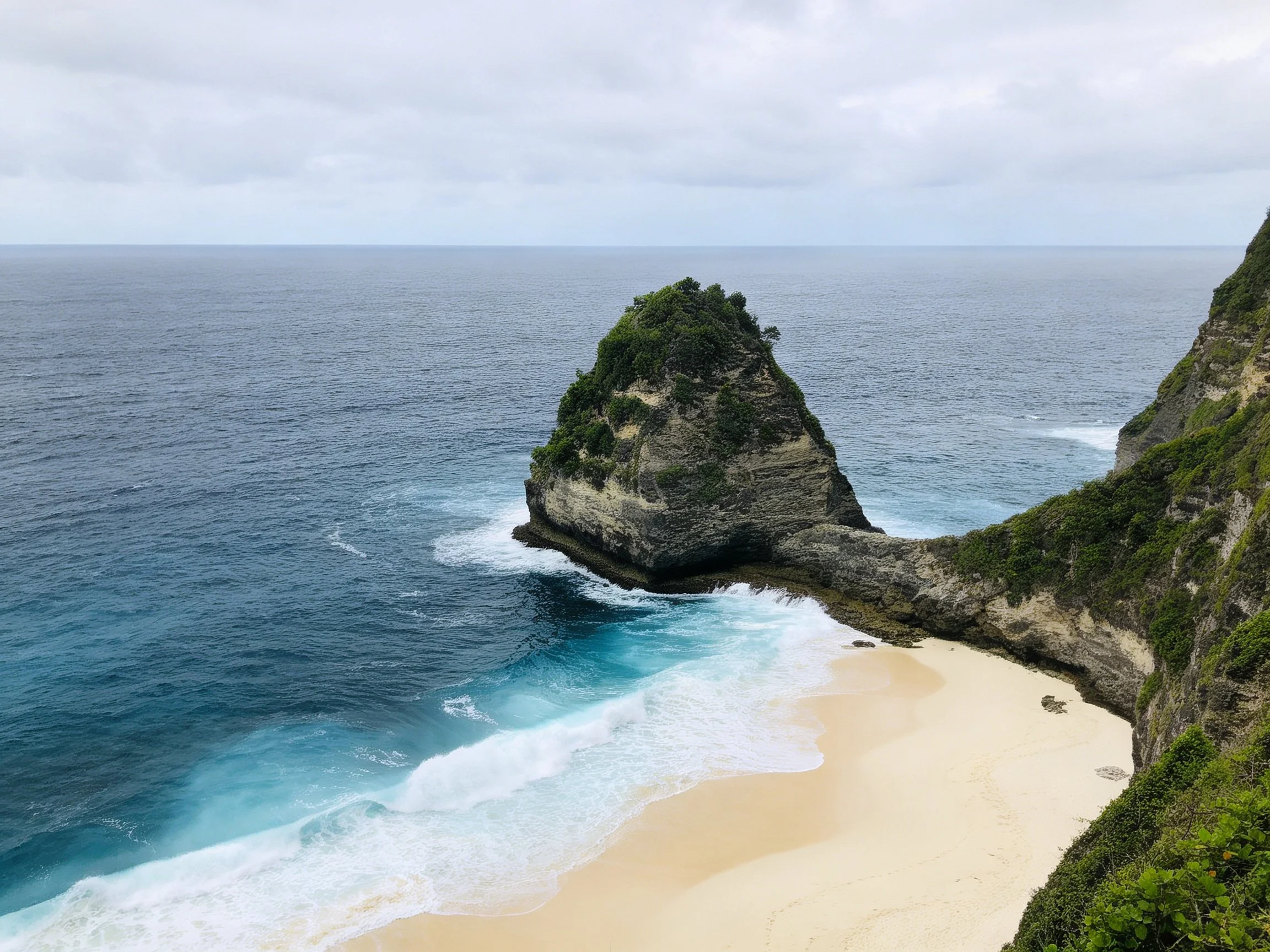 A tall rock formation overlooks a secluded sandy beach by blue waters
