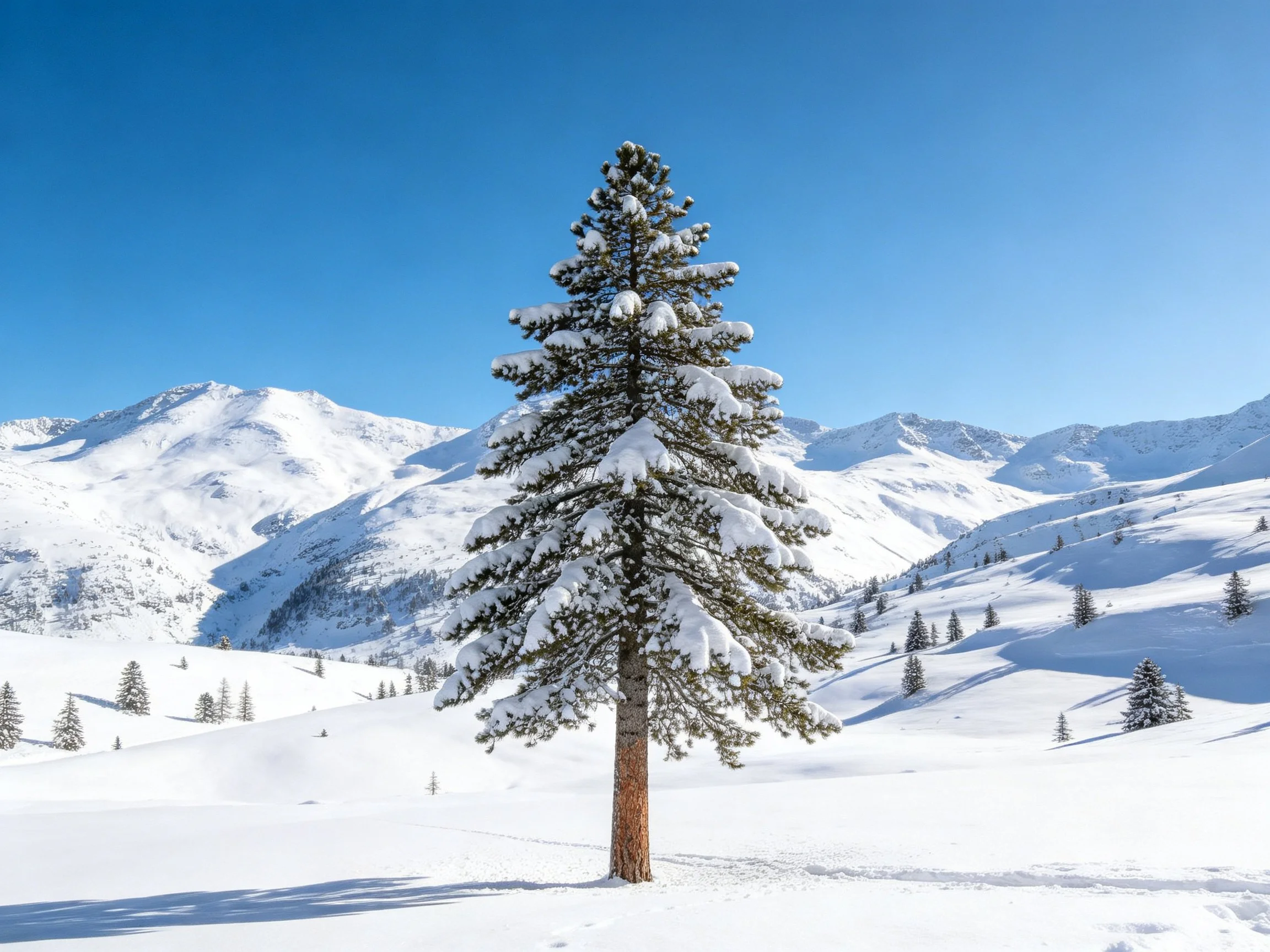 A tall snow-laden pine in a vast snowy mountain valley