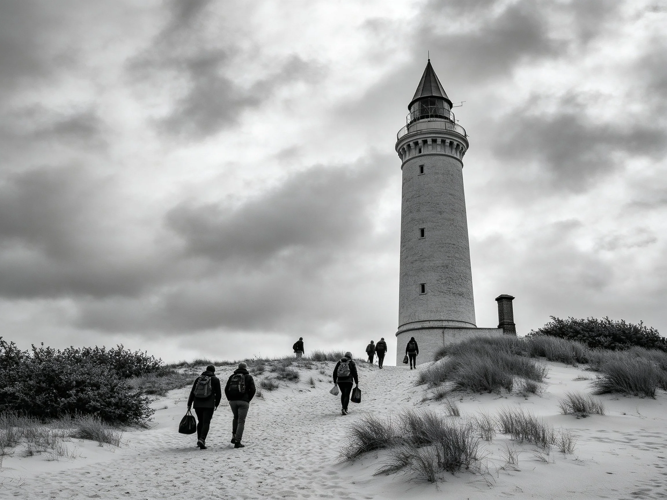A tall stone lighthouse on sandy dunes with visitors under gloomy clouds