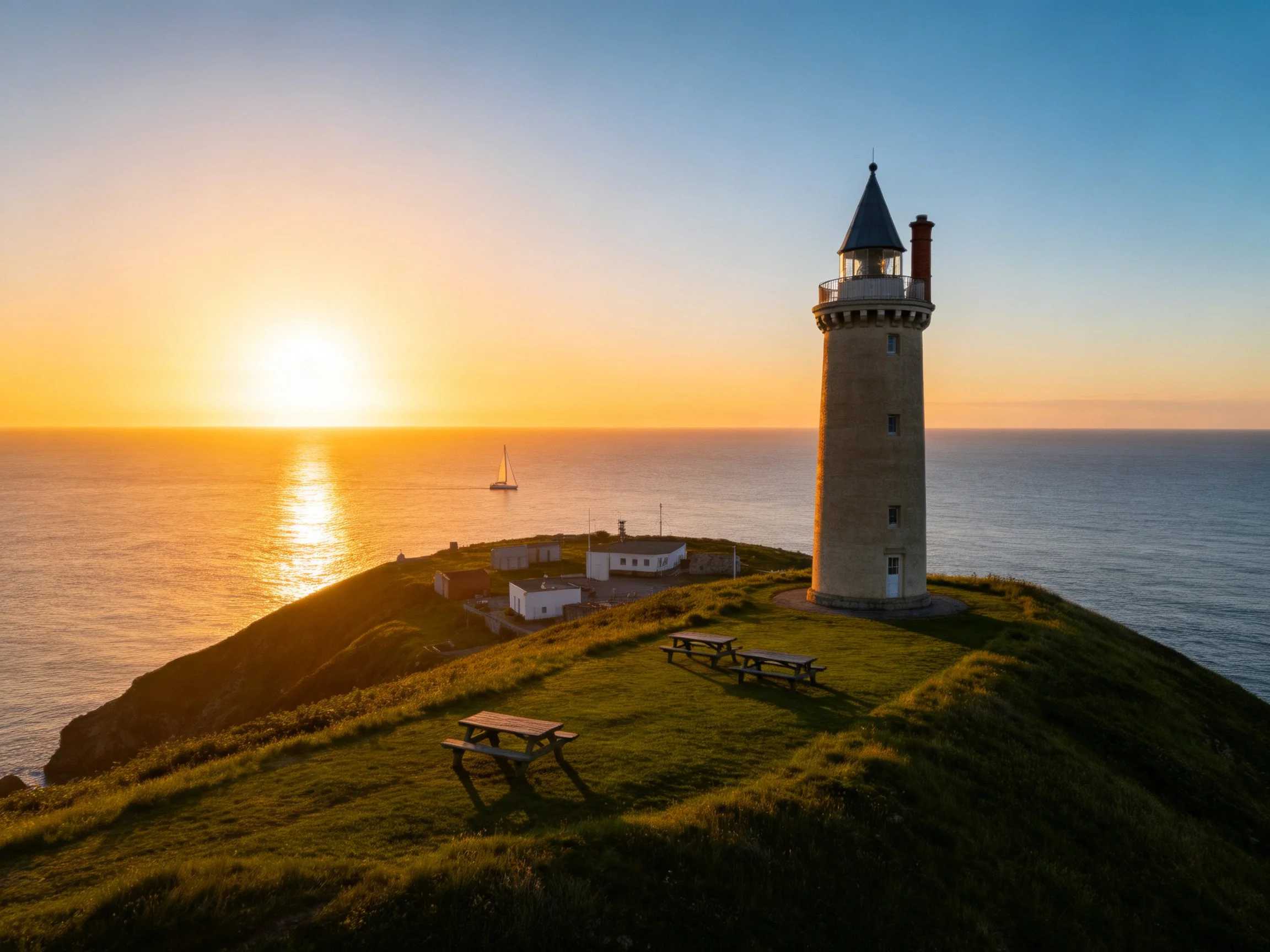 A tall stone lighthouse overlooks ocean at golden sunset