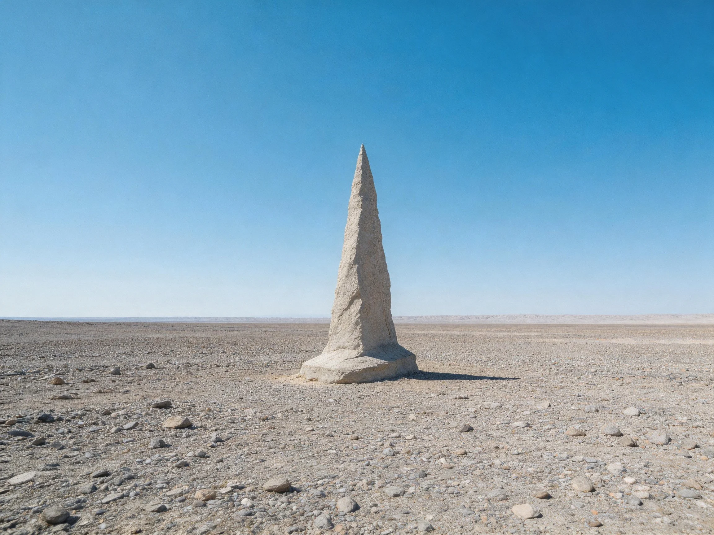 A tall stone monument stands alone in a barren, rocky desert landscape