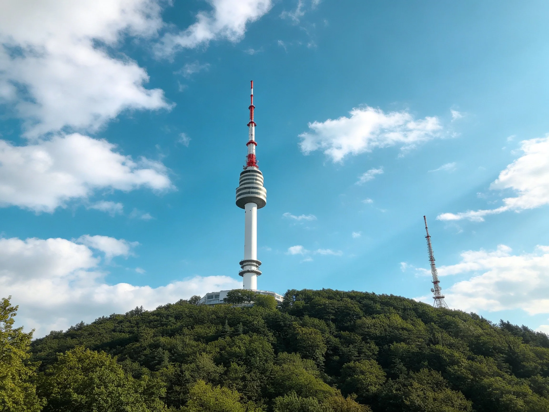 A tall tower with red accents atop a forested hill under a bright blue sky