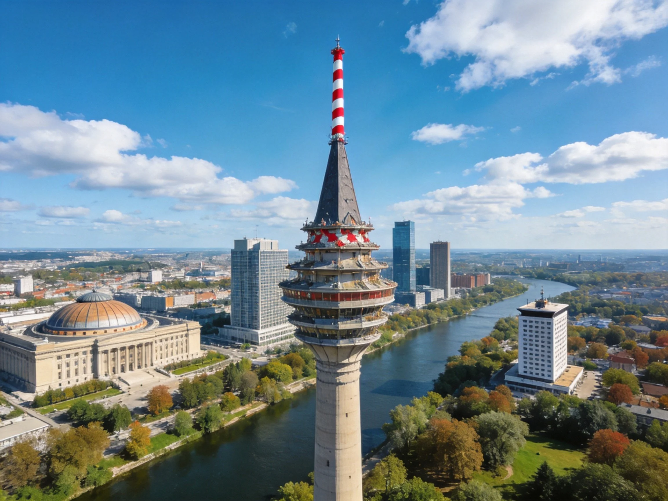 A tall tower with red-white stripes overlooks a city by a winding river