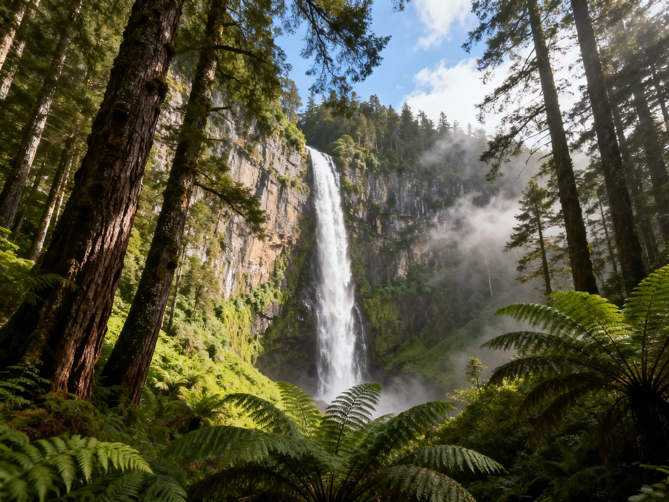 A tall waterfall cascades into a misty forest with dense greenery and tall trees.