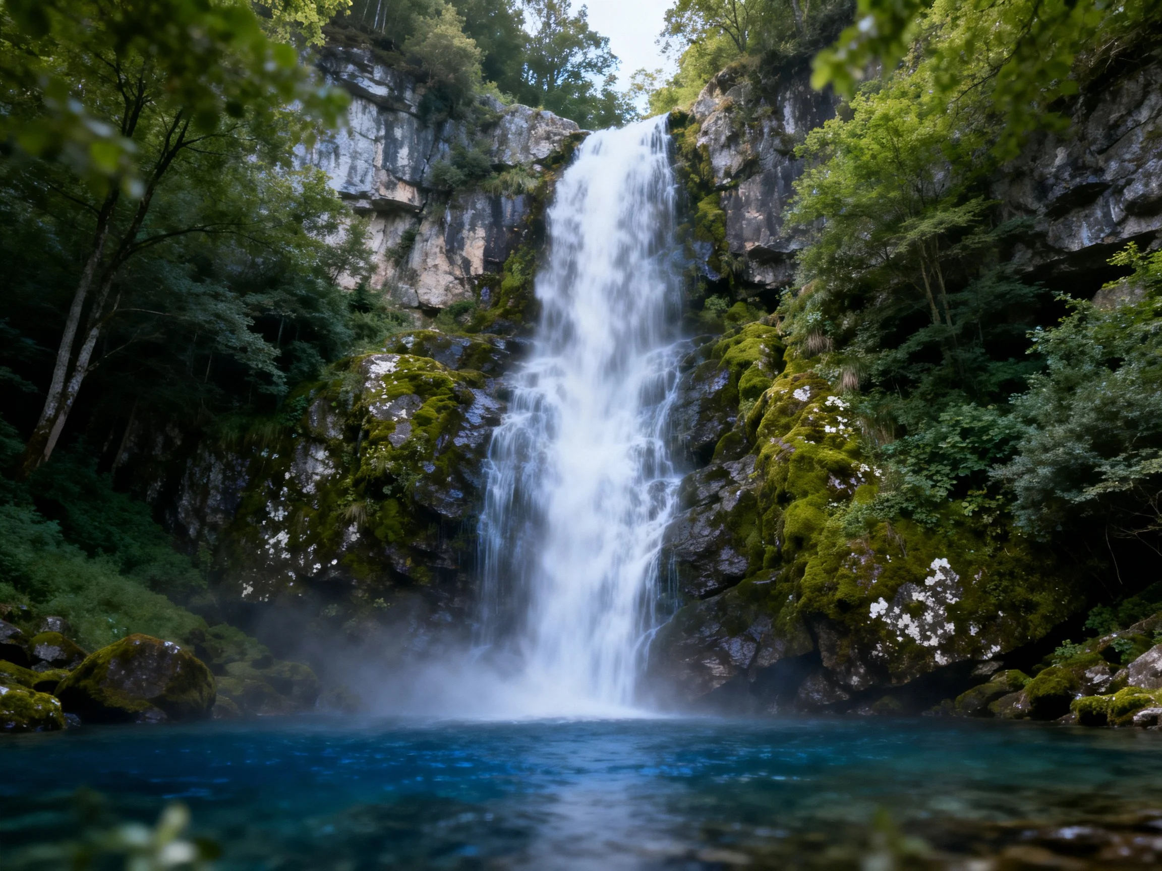 A tall waterfall cascades into a turquoise pool amid lush green cliffs