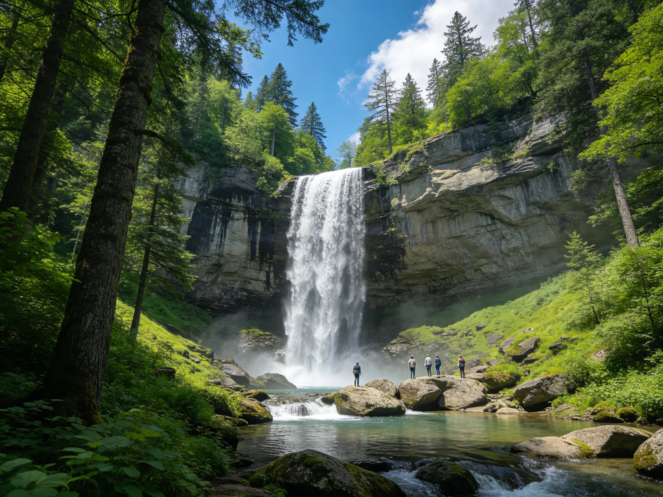 A tall waterfall cascades over rocks into a forest pool