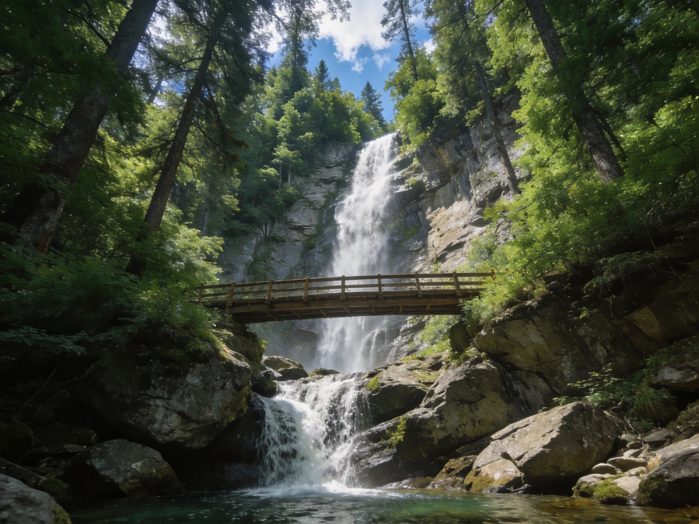 A tall waterfall with a wooden bridge over rocky cliffs amid lush green forest