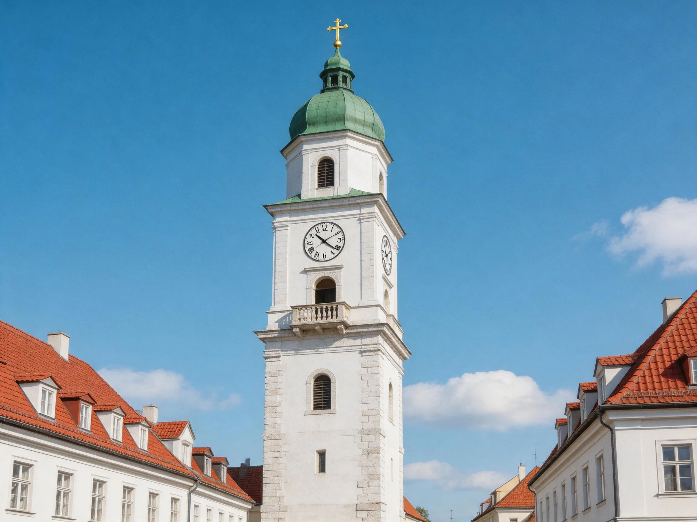 A tall white clock tower with green dome near red-roofed buildings