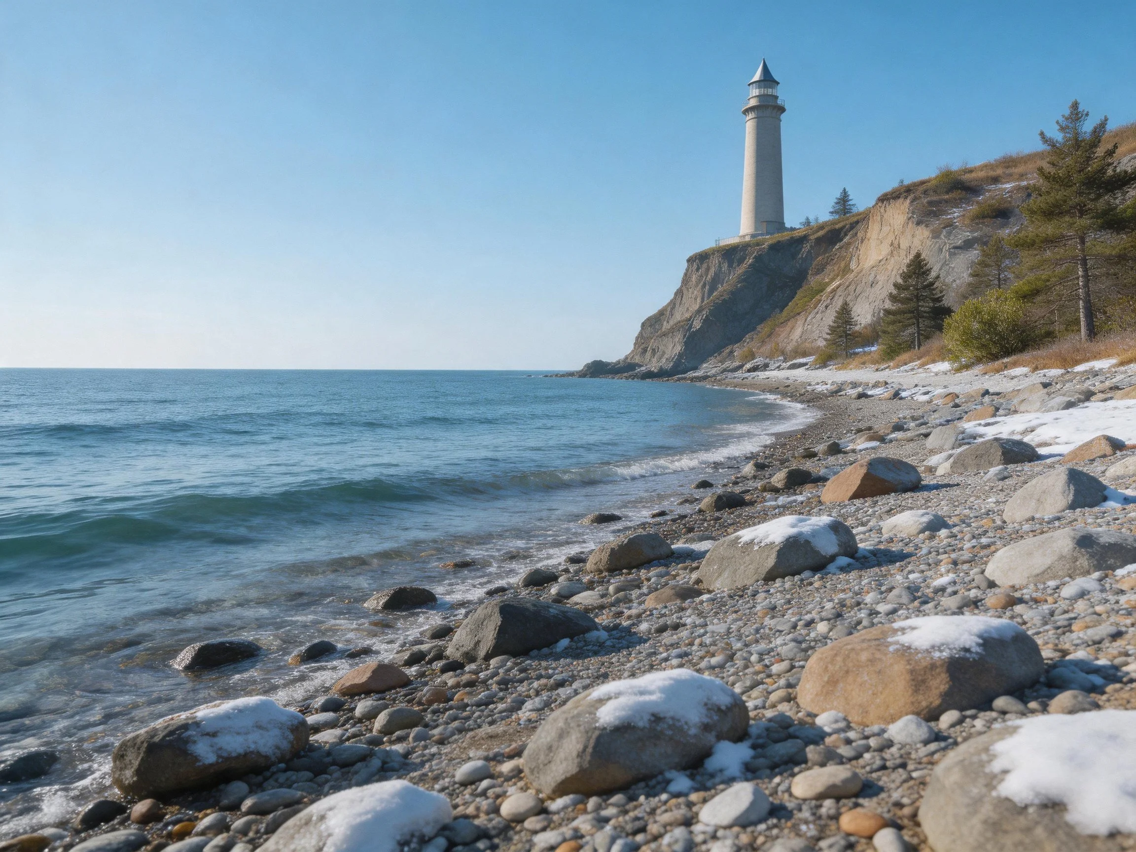 A tall white lighthouse overlooks a rocky, snow-dusted coastal cliffside