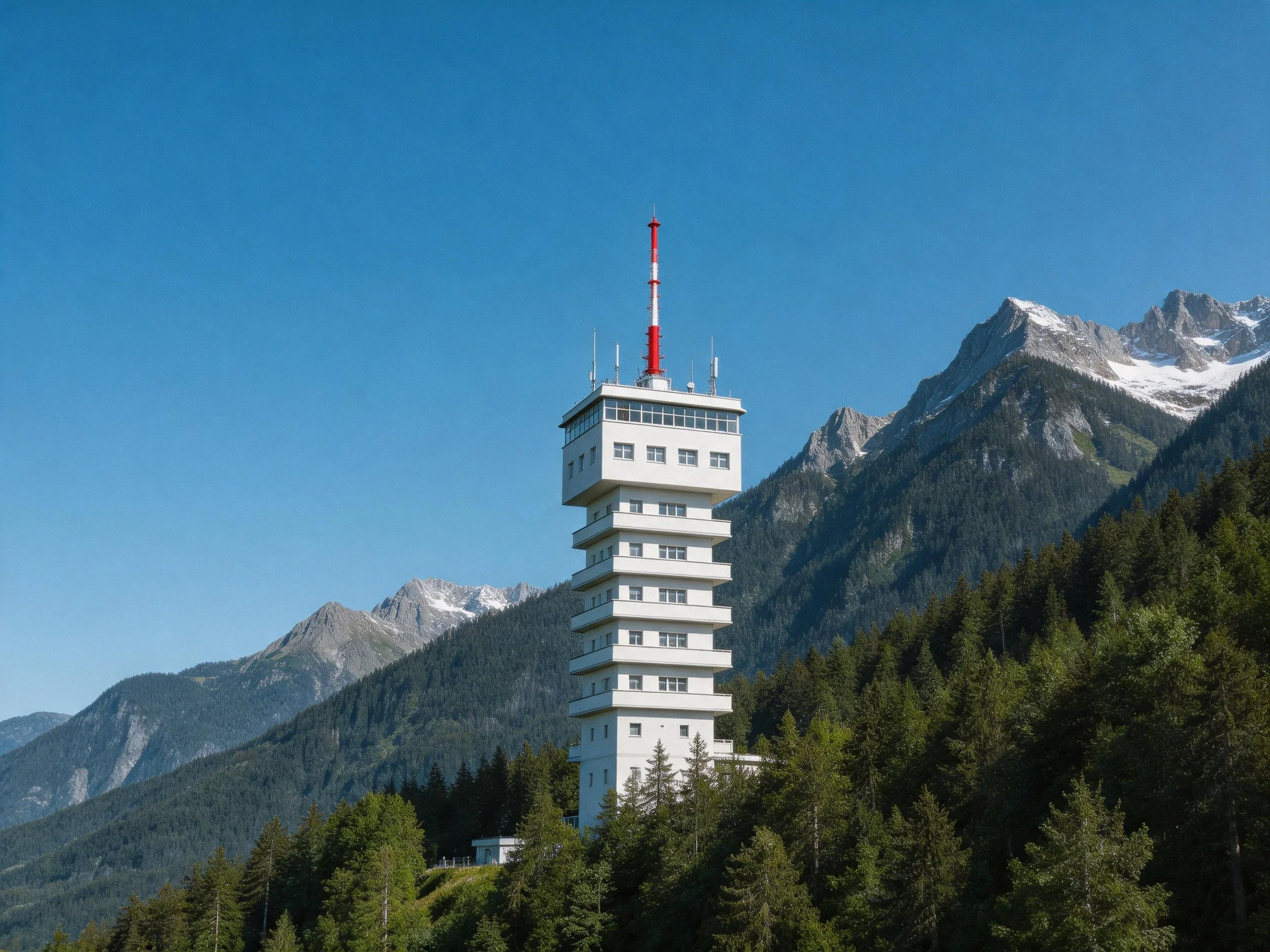 A tall white observation tower near snow - capped mountains and dense forests