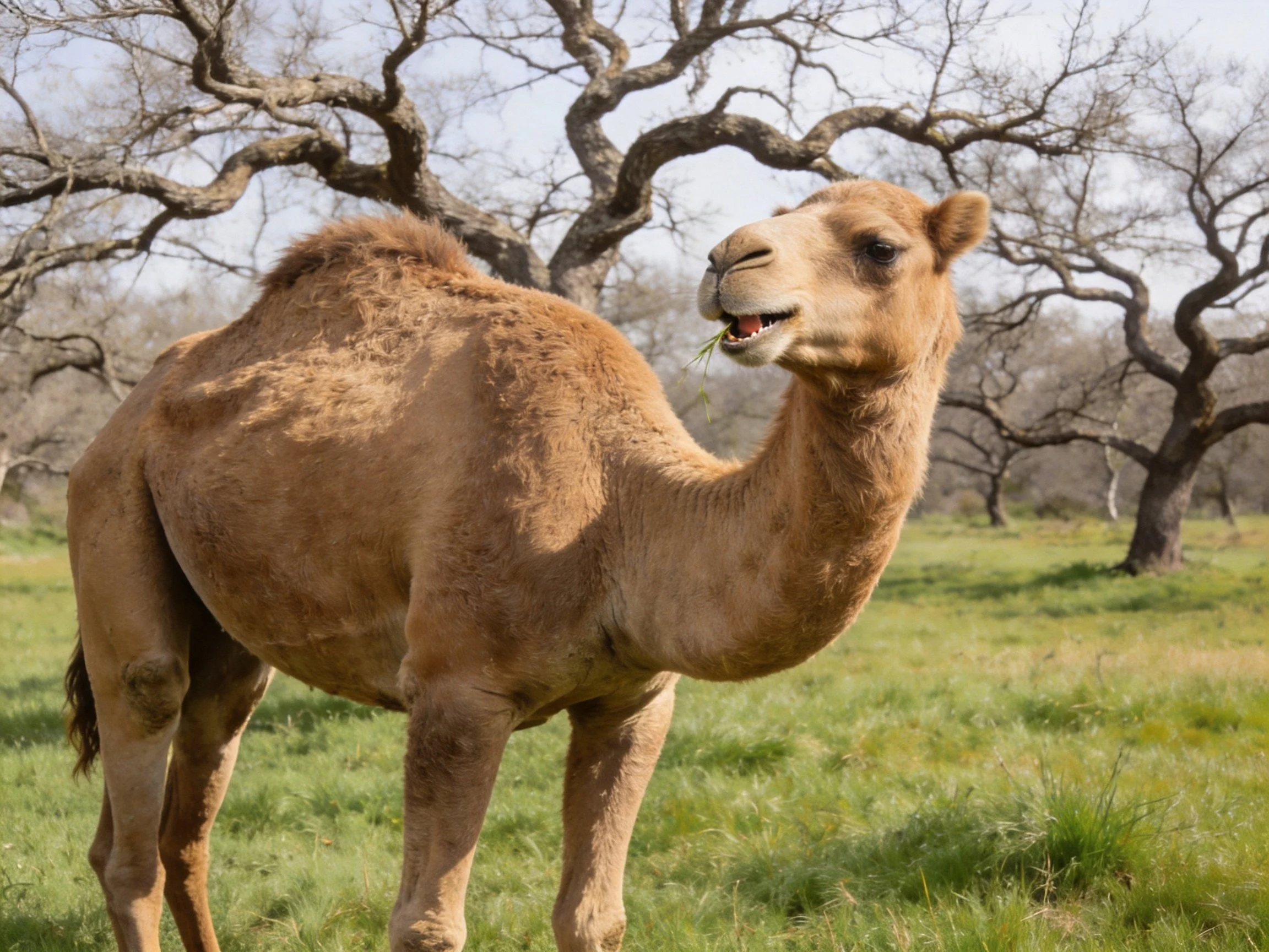 A tan camel stands in a grassy field near twisted trees