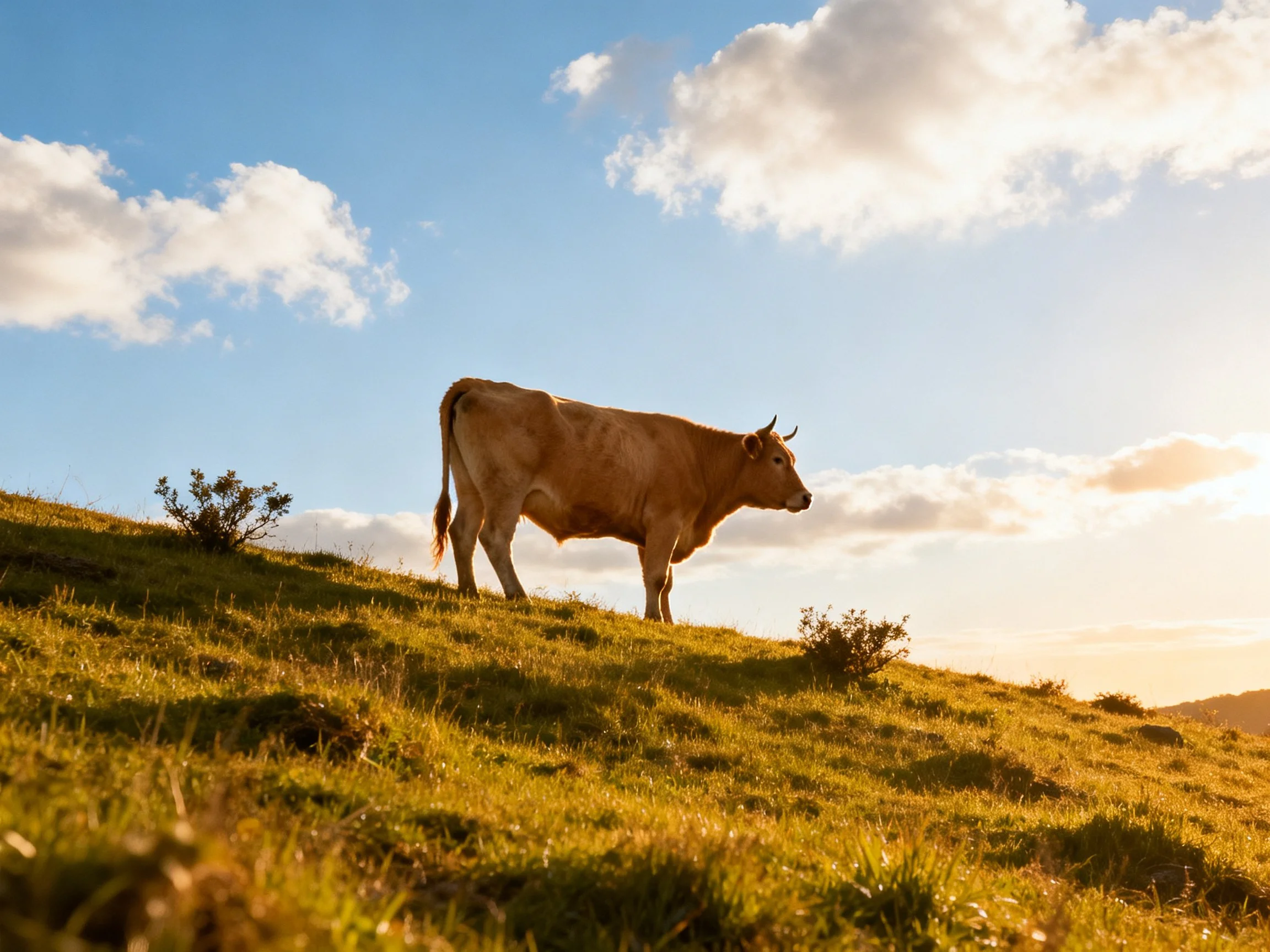 A tan cow stands on a sunlit grassy hillside