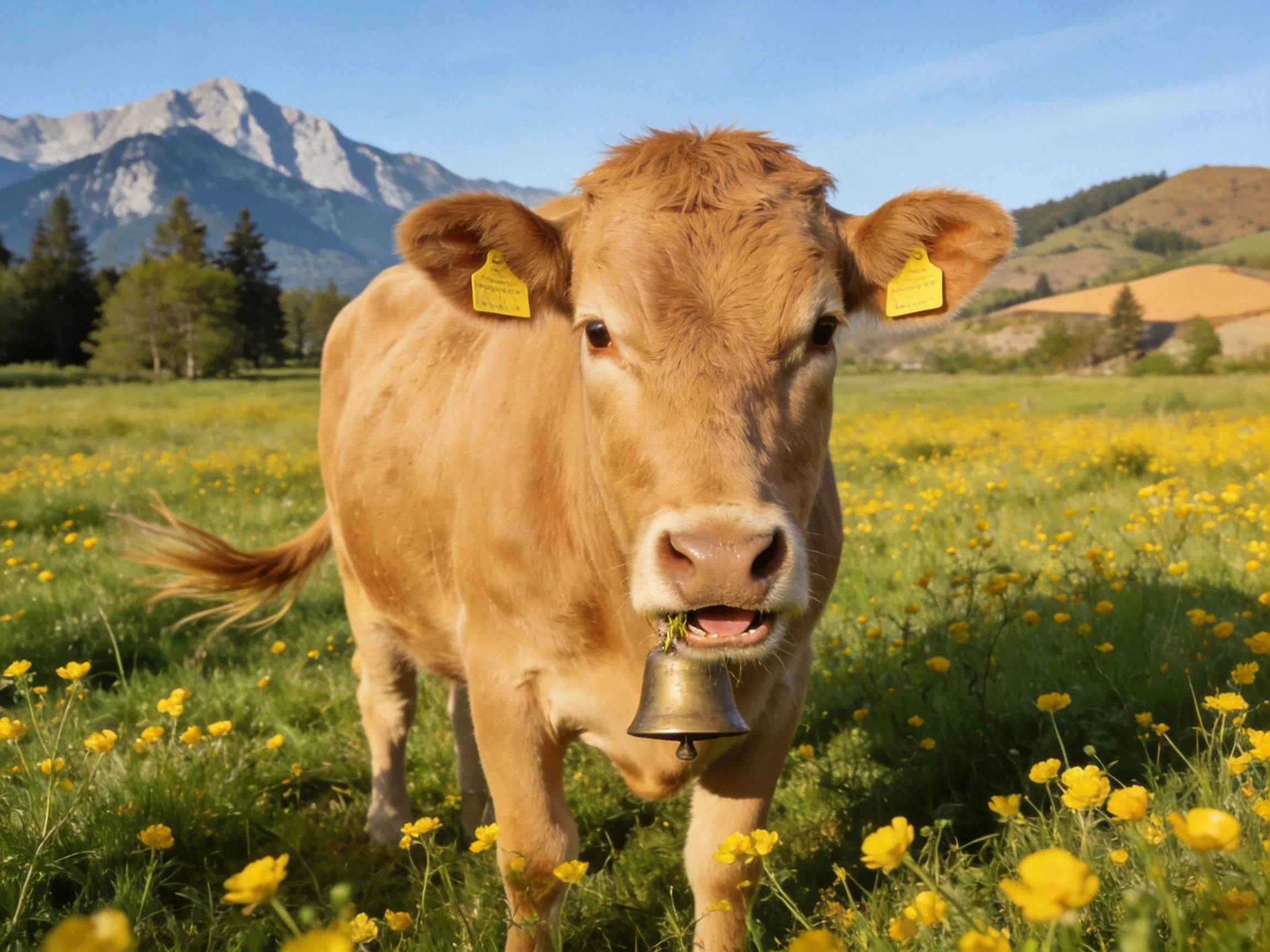A tan cow with yellow ear tags in a flower-filled meadow near mountains
