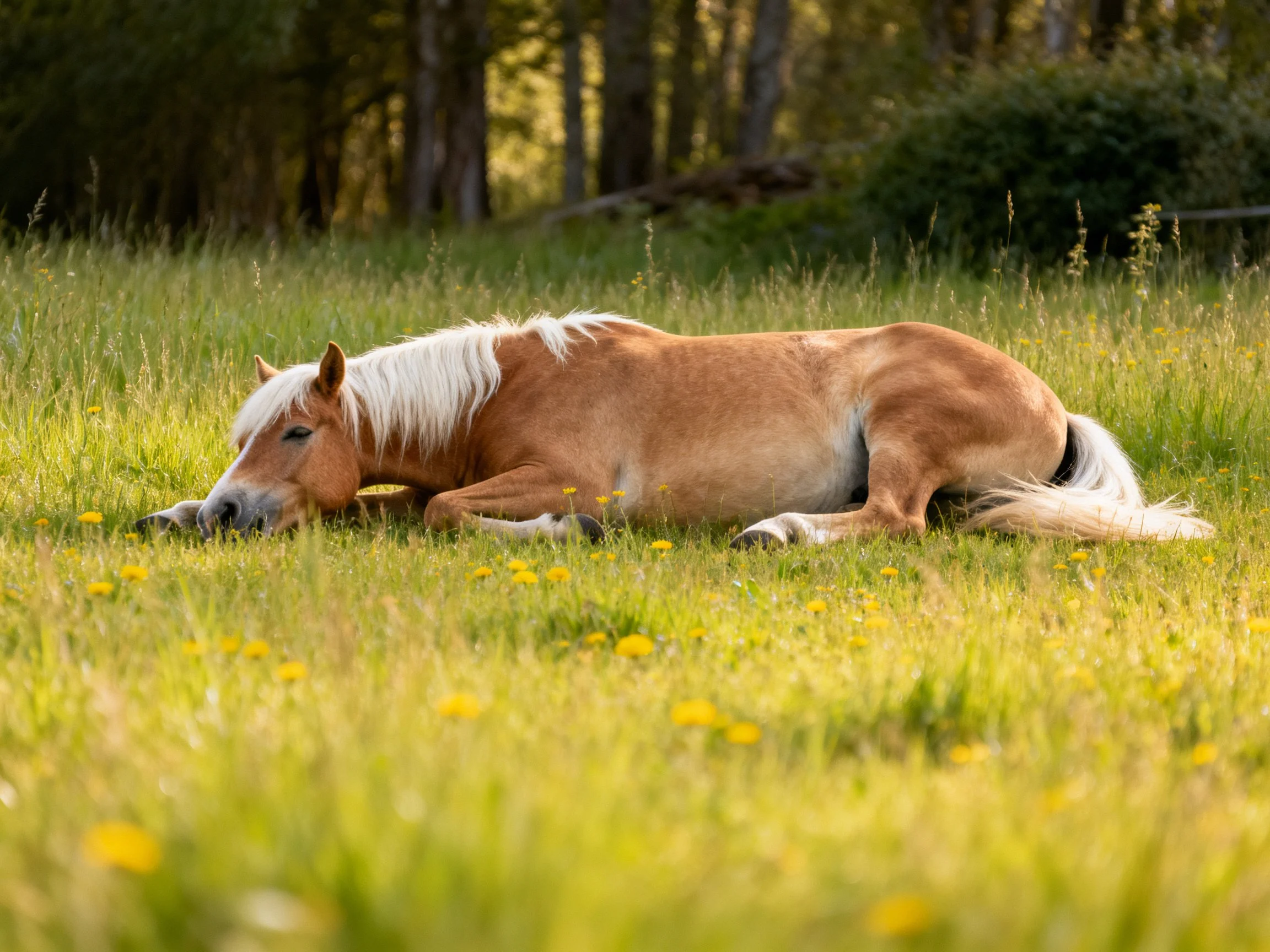A tan horse rests in a sunlit meadow with green grass and yellow flowers