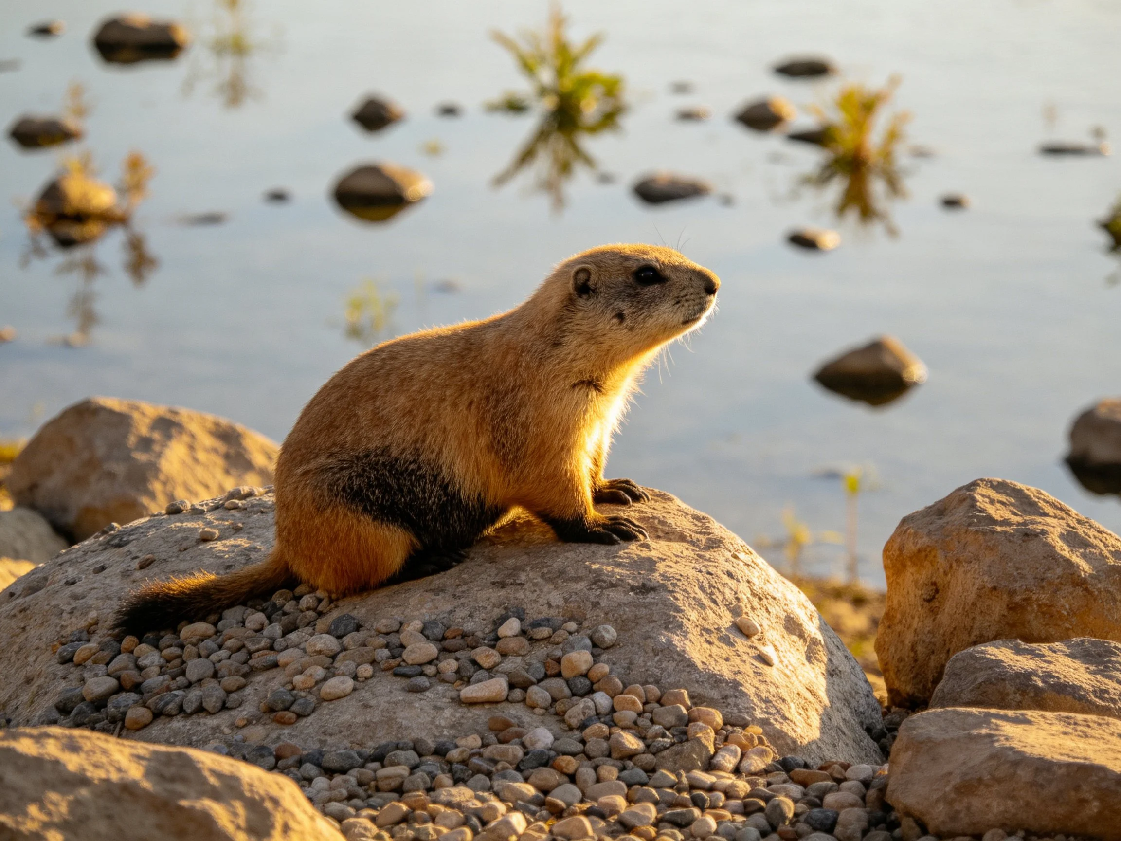 A tan rodent perched on rocky terrain by calm waters