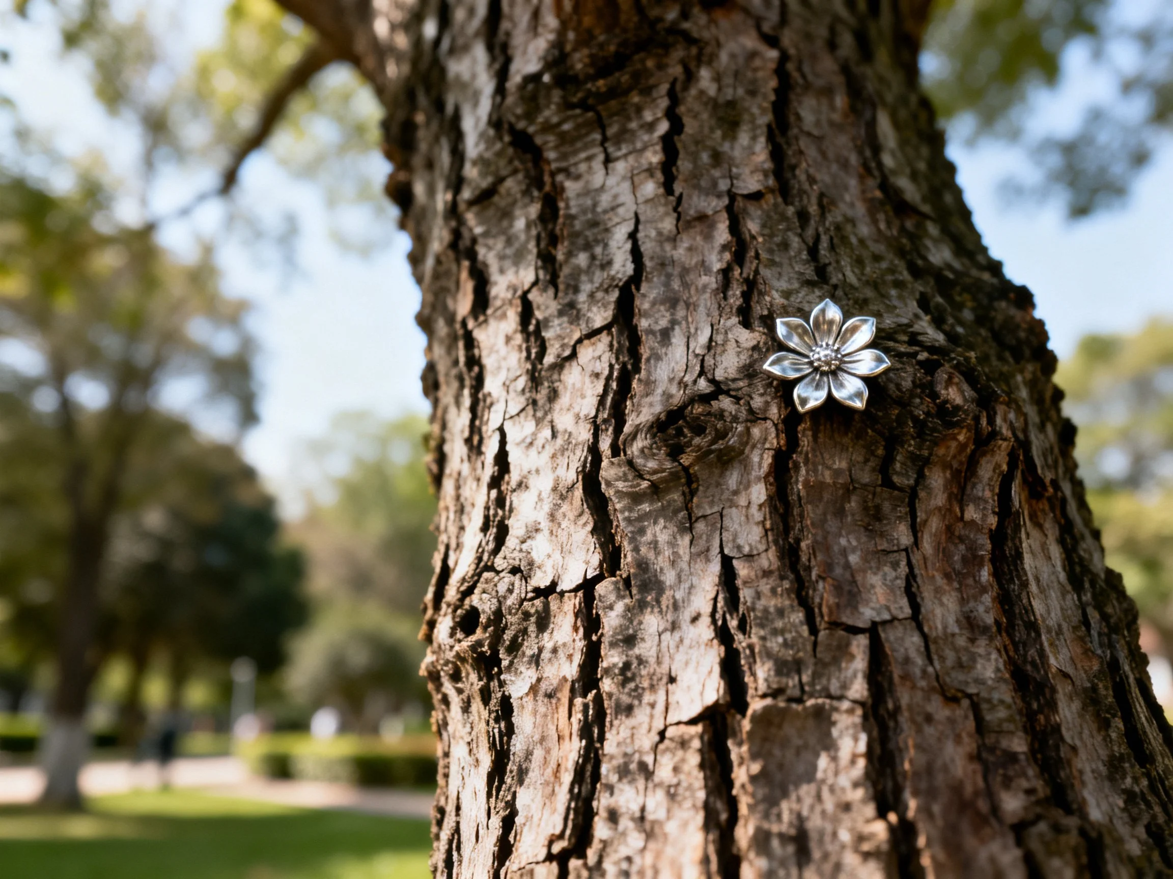 A textured tree trunk with a silver flower ornament