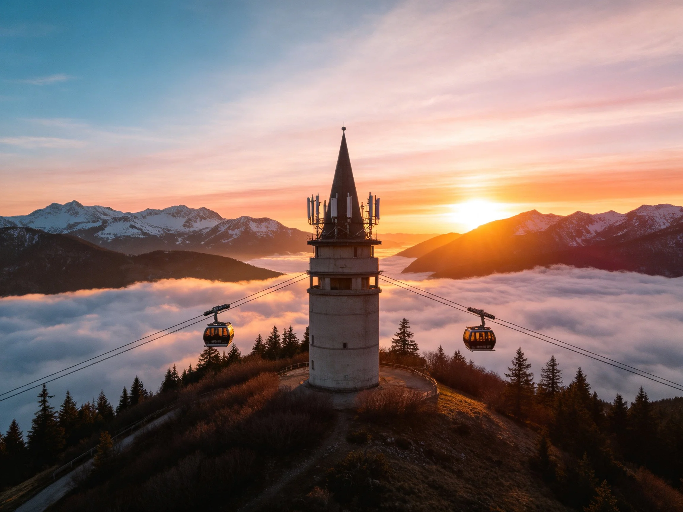 A tower overlooks snow-capped mountains above a sea of clouds at sunset