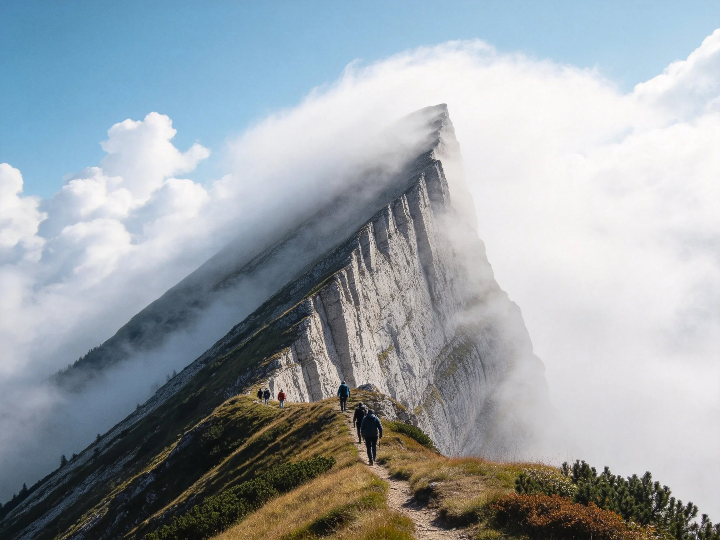 A towering cliff peak shrouded in misty clouds with hikers