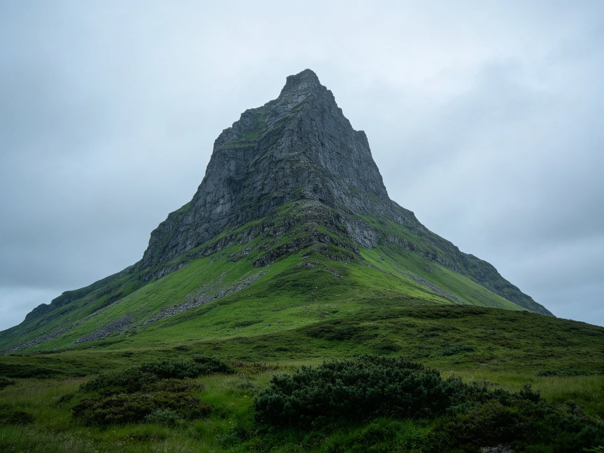 A towering gray mountain peak with lush green slopes under an overcast sky