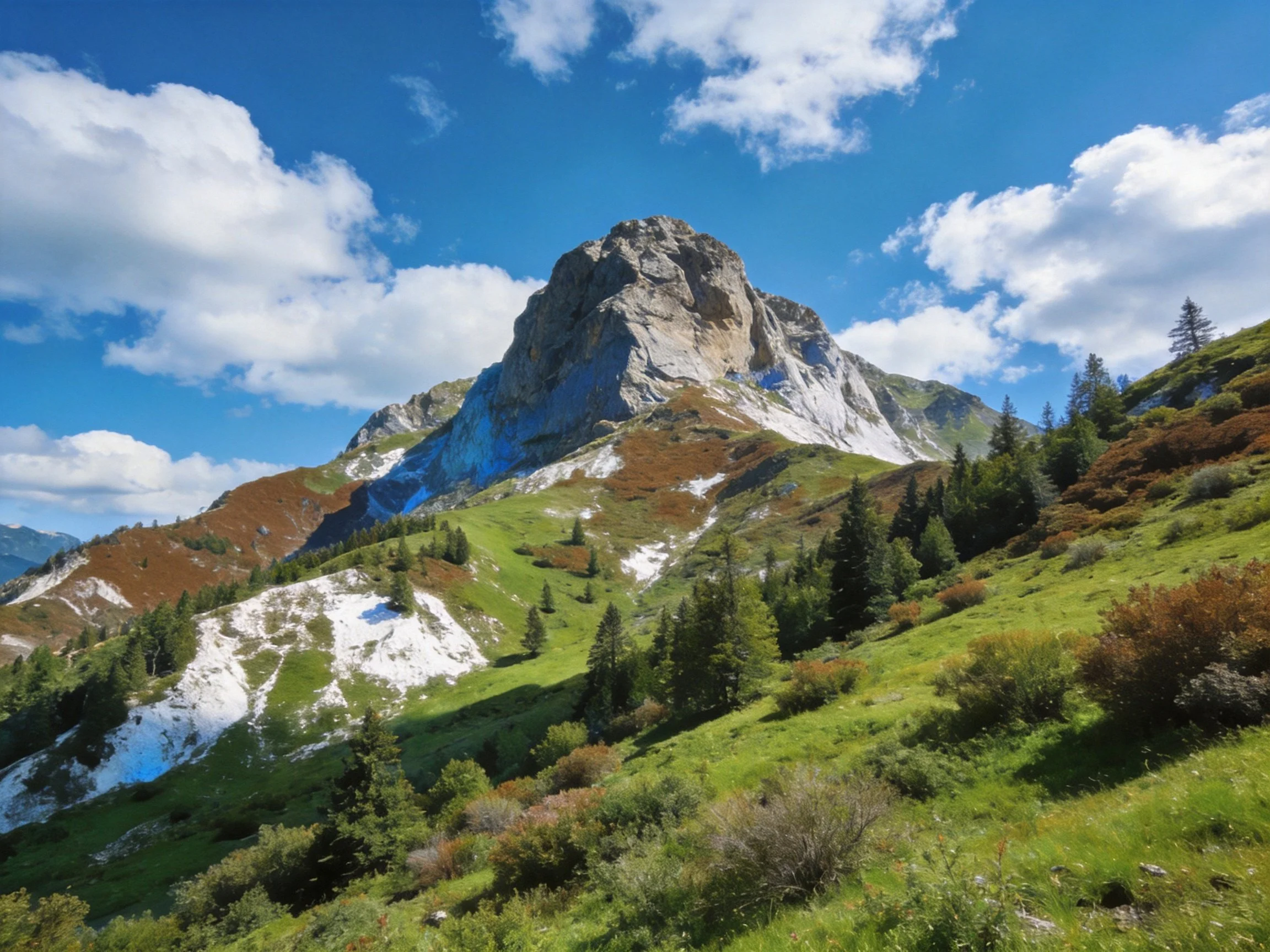A towering gray mountain rises above green hills and forested slopes