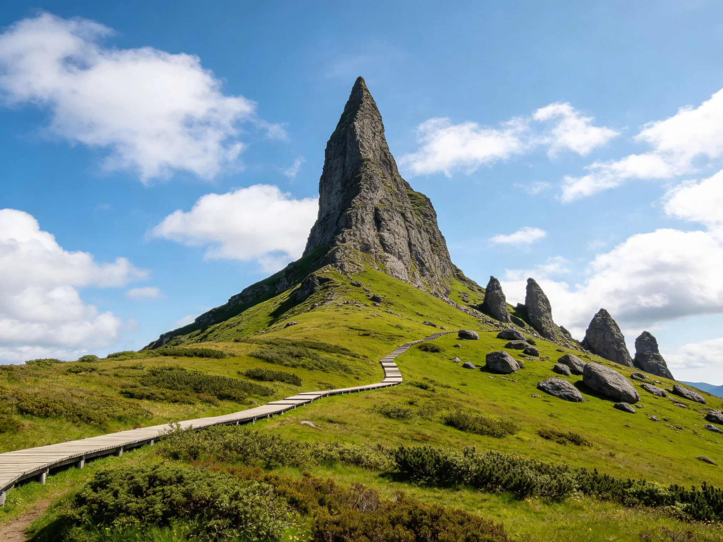 A towering gray rock formation atop lush green hills with a wooden walkway