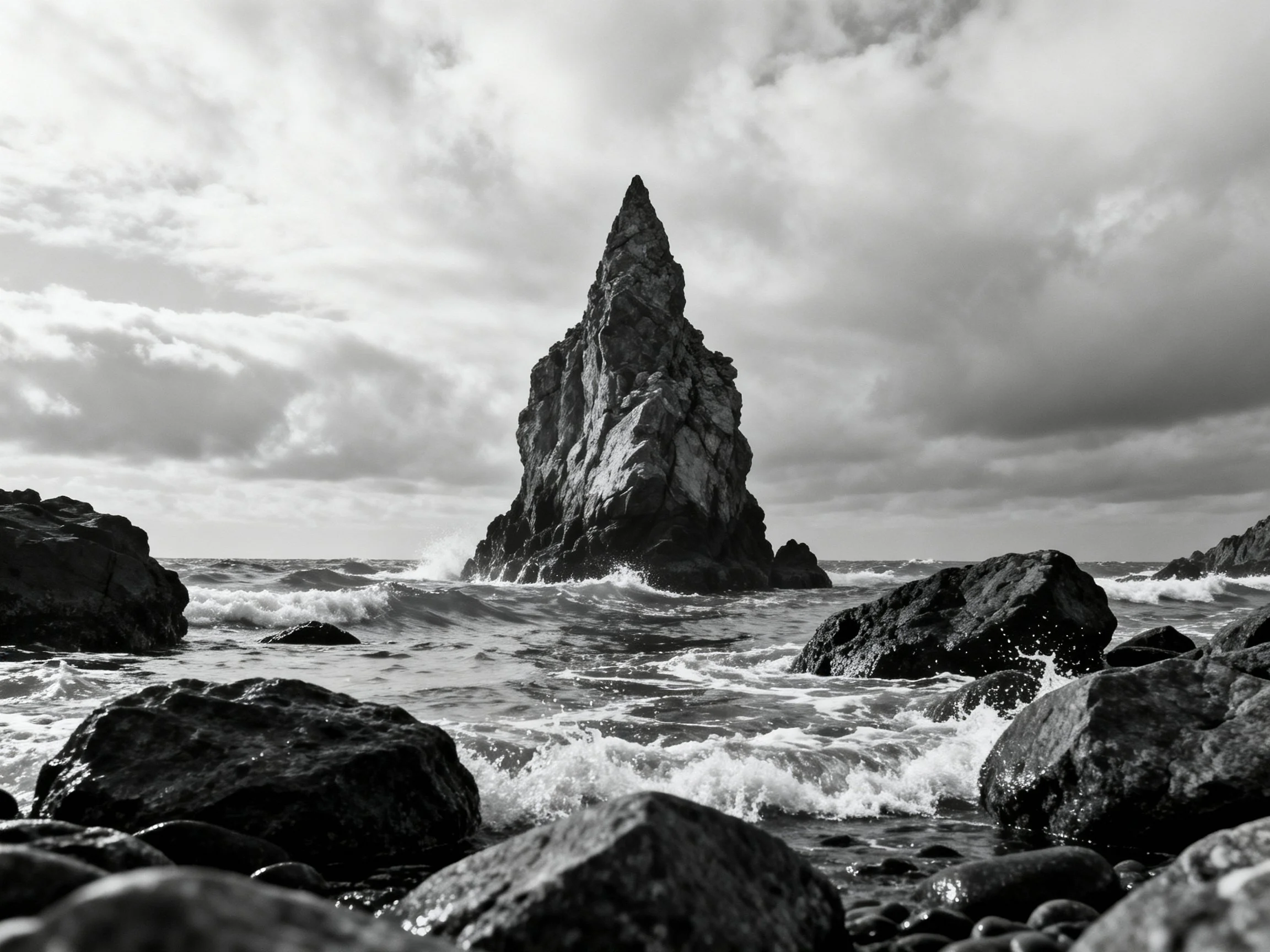 A towering monolithic rock stands amid crashing ocean waves
