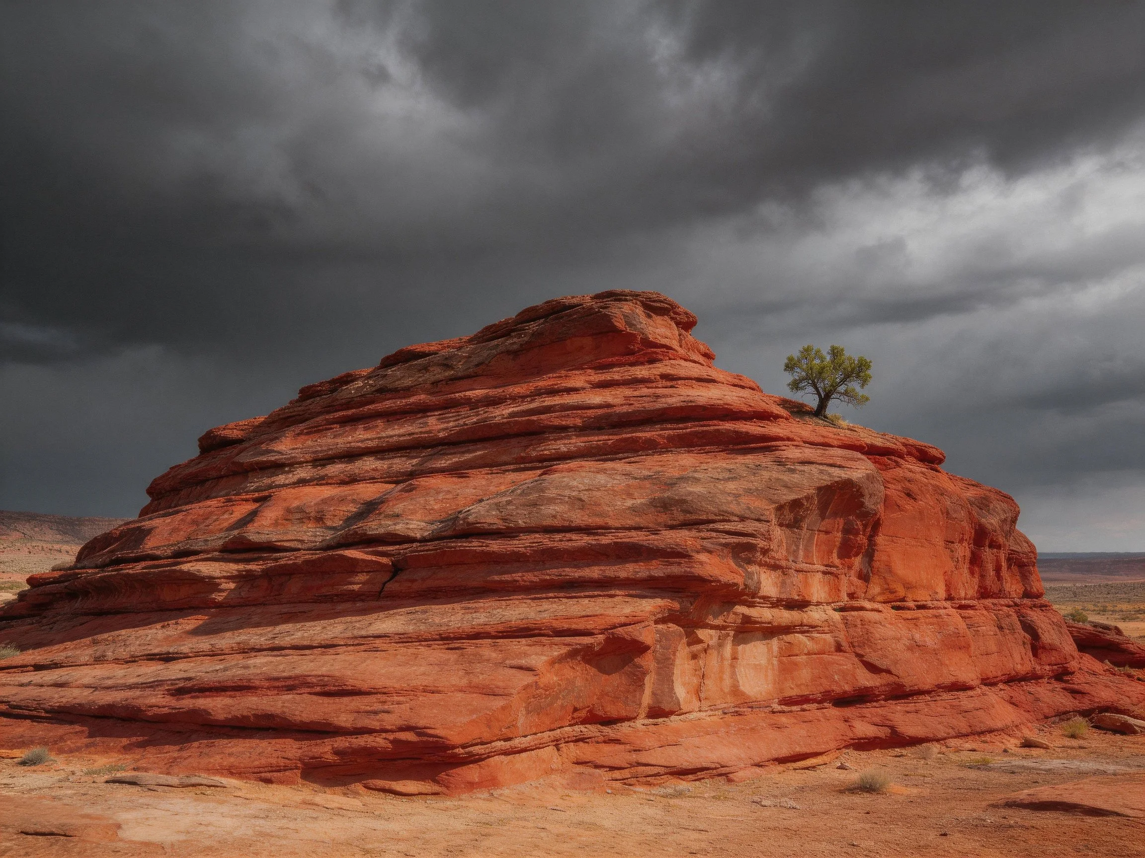 A towering red rock formation beneath ominous storm clouds
