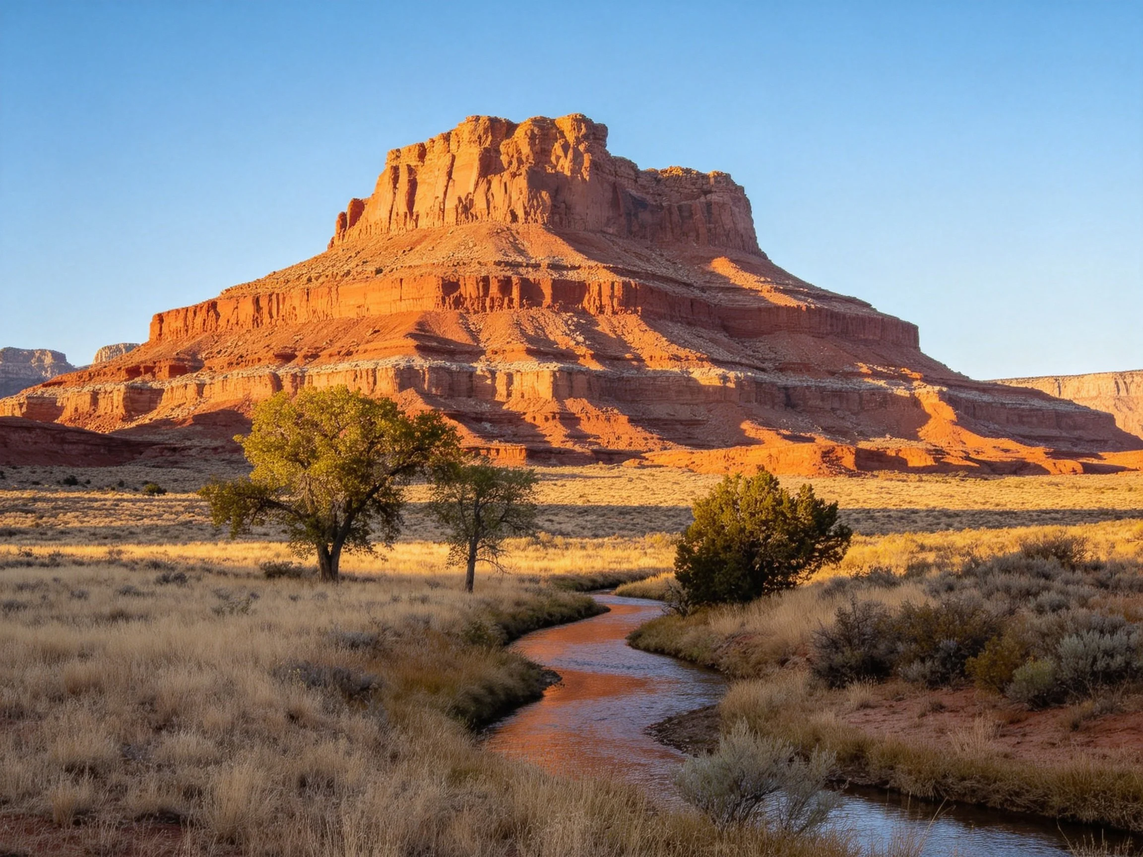 A towering red sandstone formation beside a winding stream