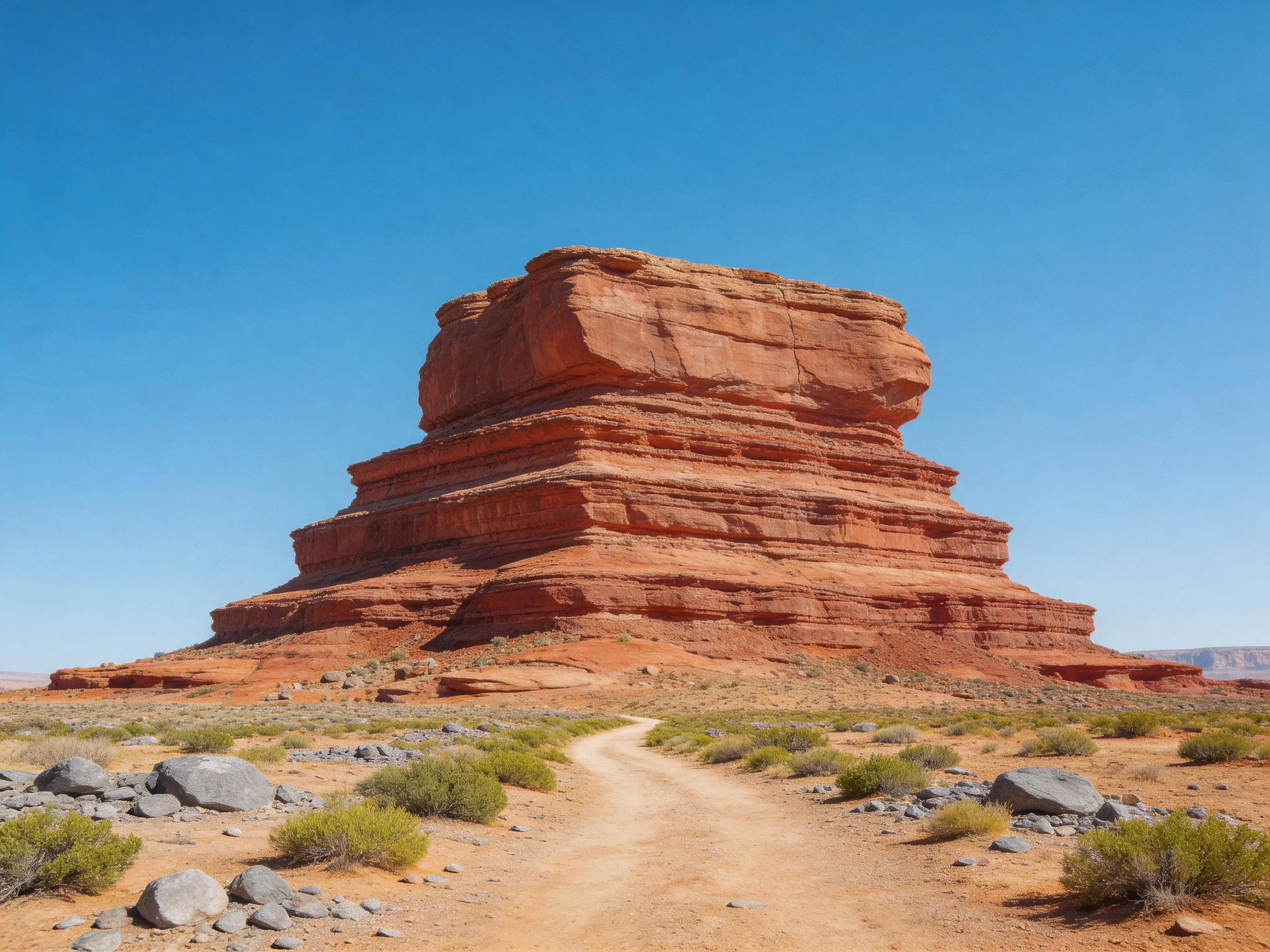 A towering red sandstone formation in an arid desert landscape