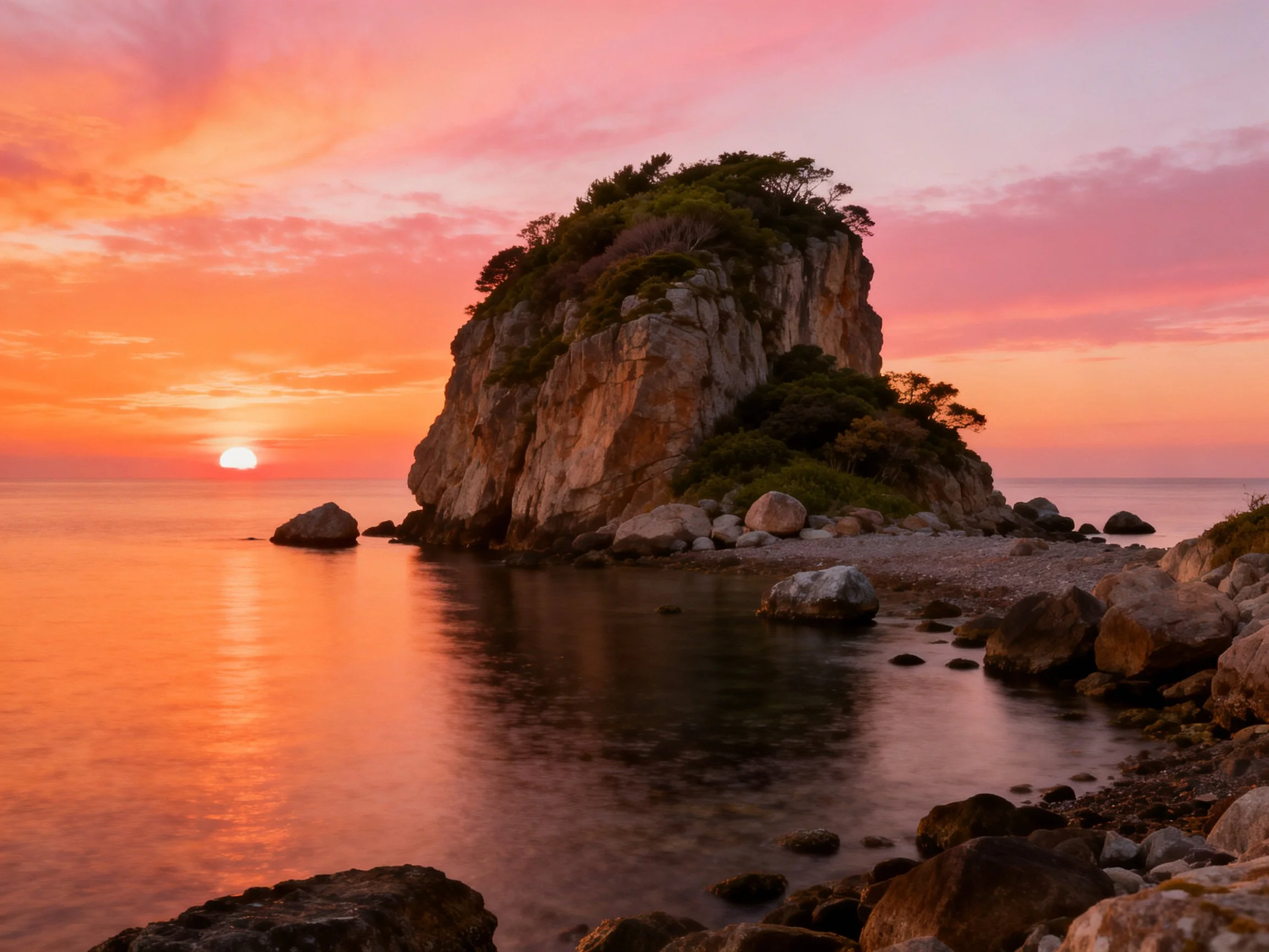 A towering rock formation by calm seas under a vibrant sunset sky