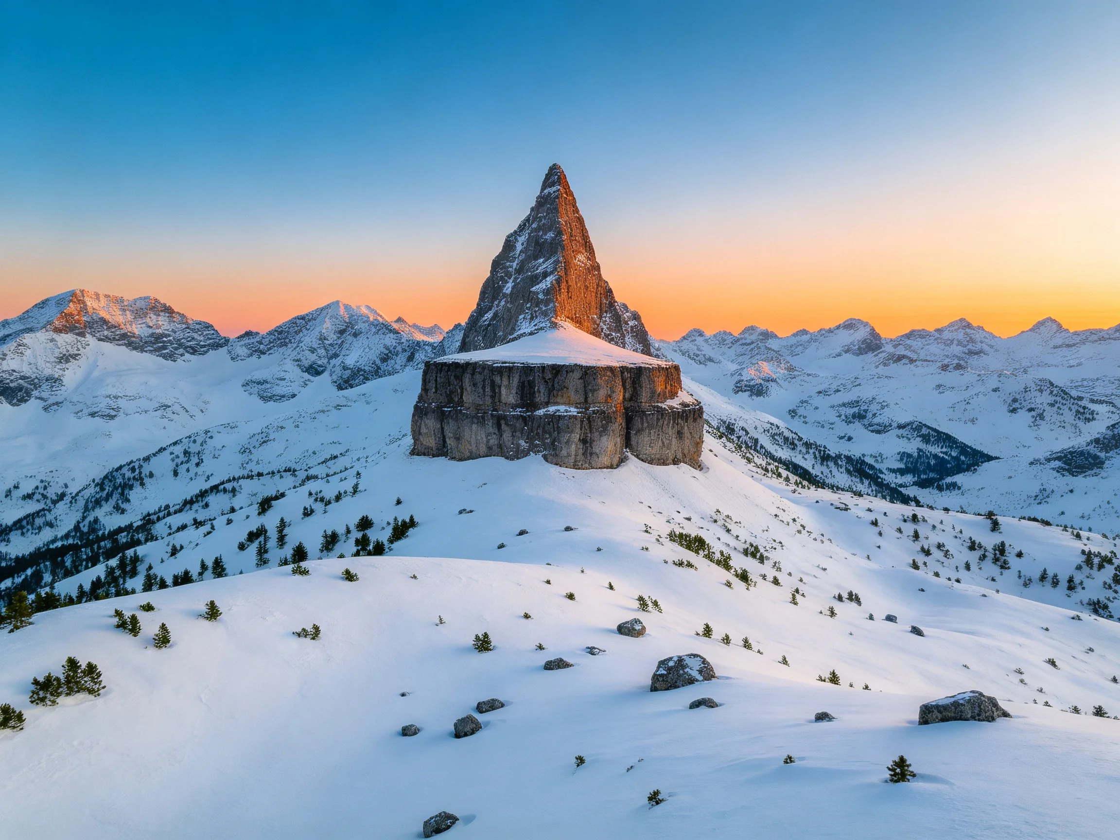 A towering rock formation in snowy mountain peaks at sunset