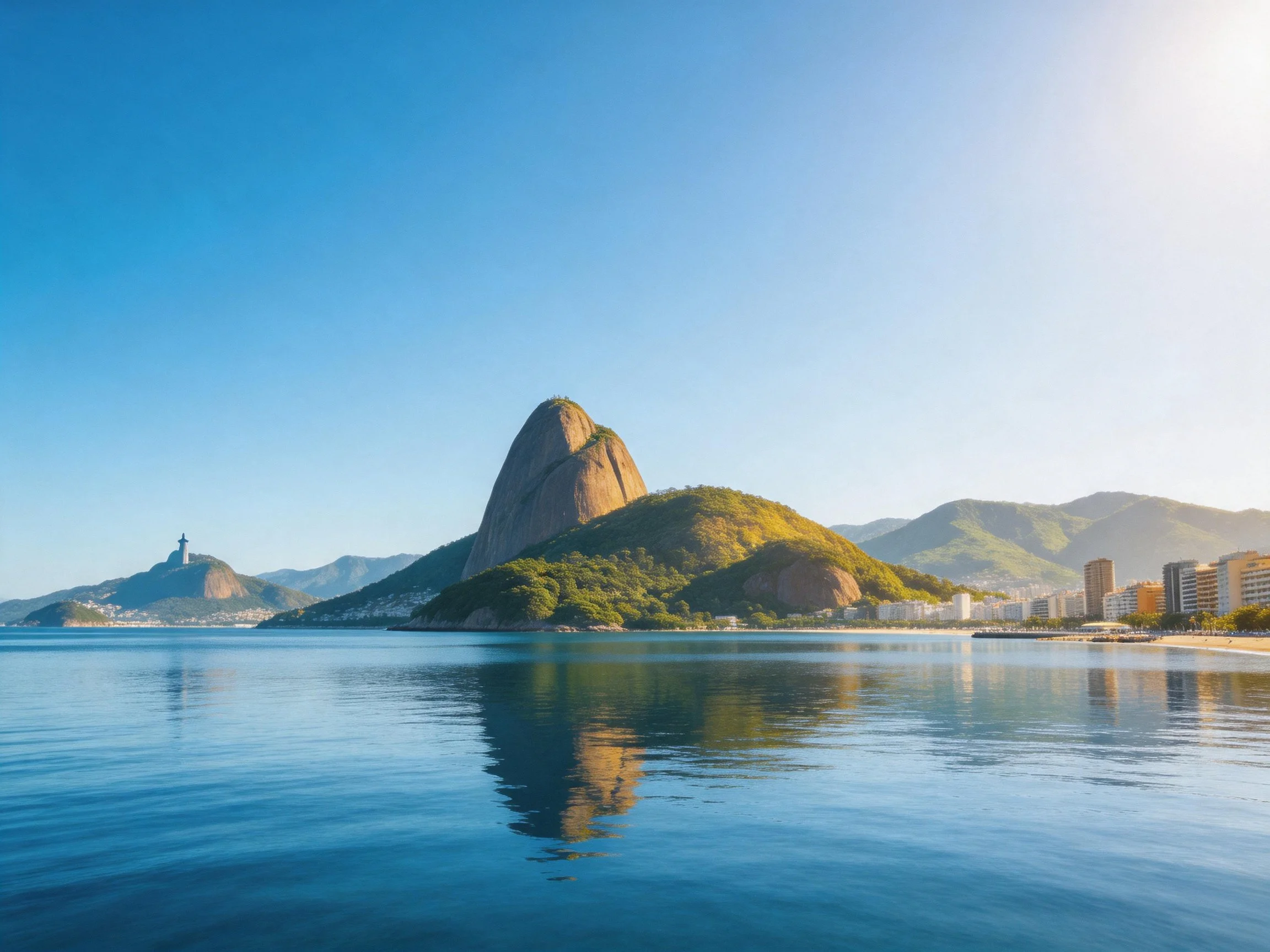 A towering rock formation reflected in calm blue waters beside urban buildings